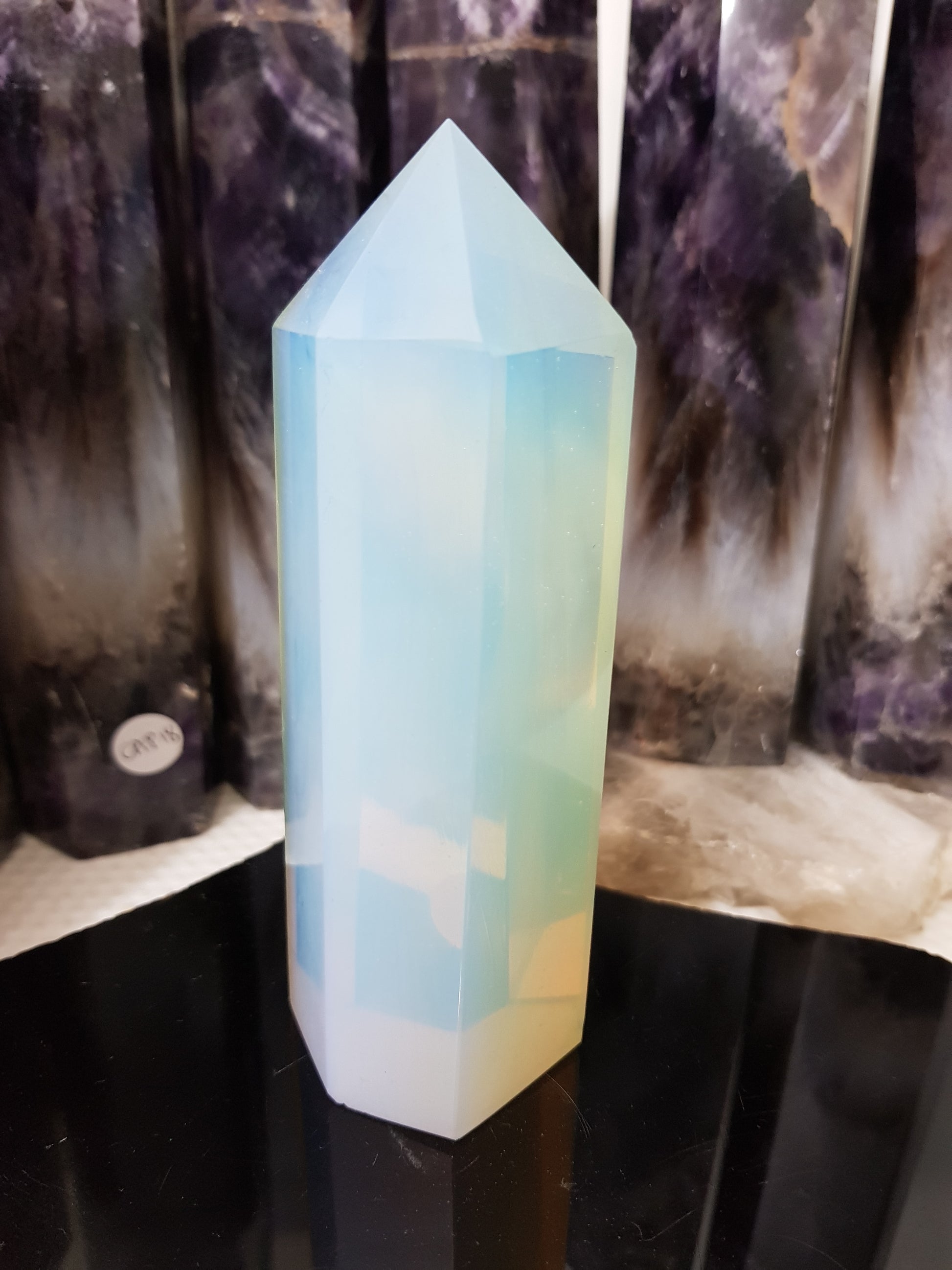 Opalite crystal point tower polished milky blue glow 12.5cm