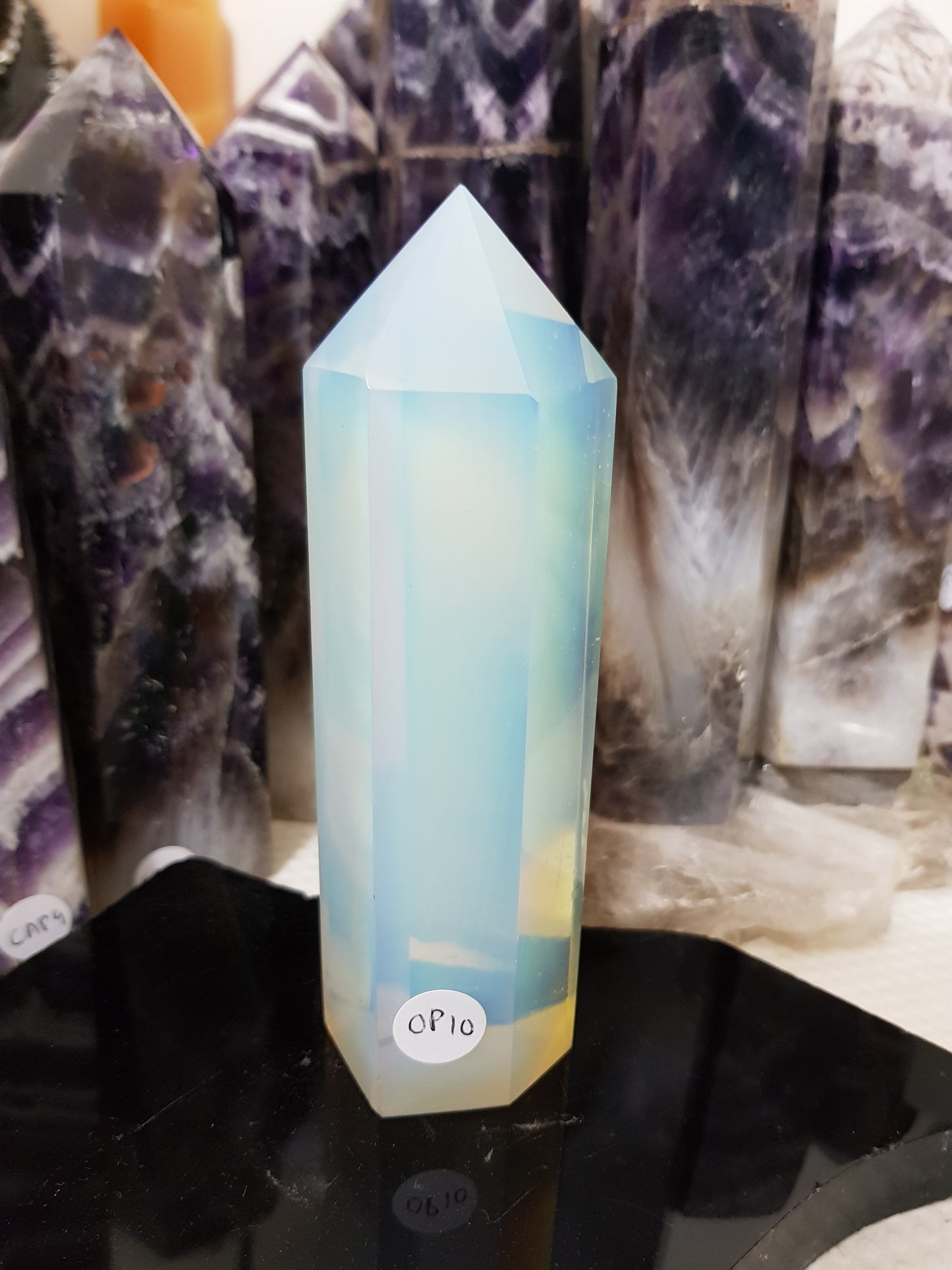 Opalite crystal point tower polished milky blue glow 13.5cm