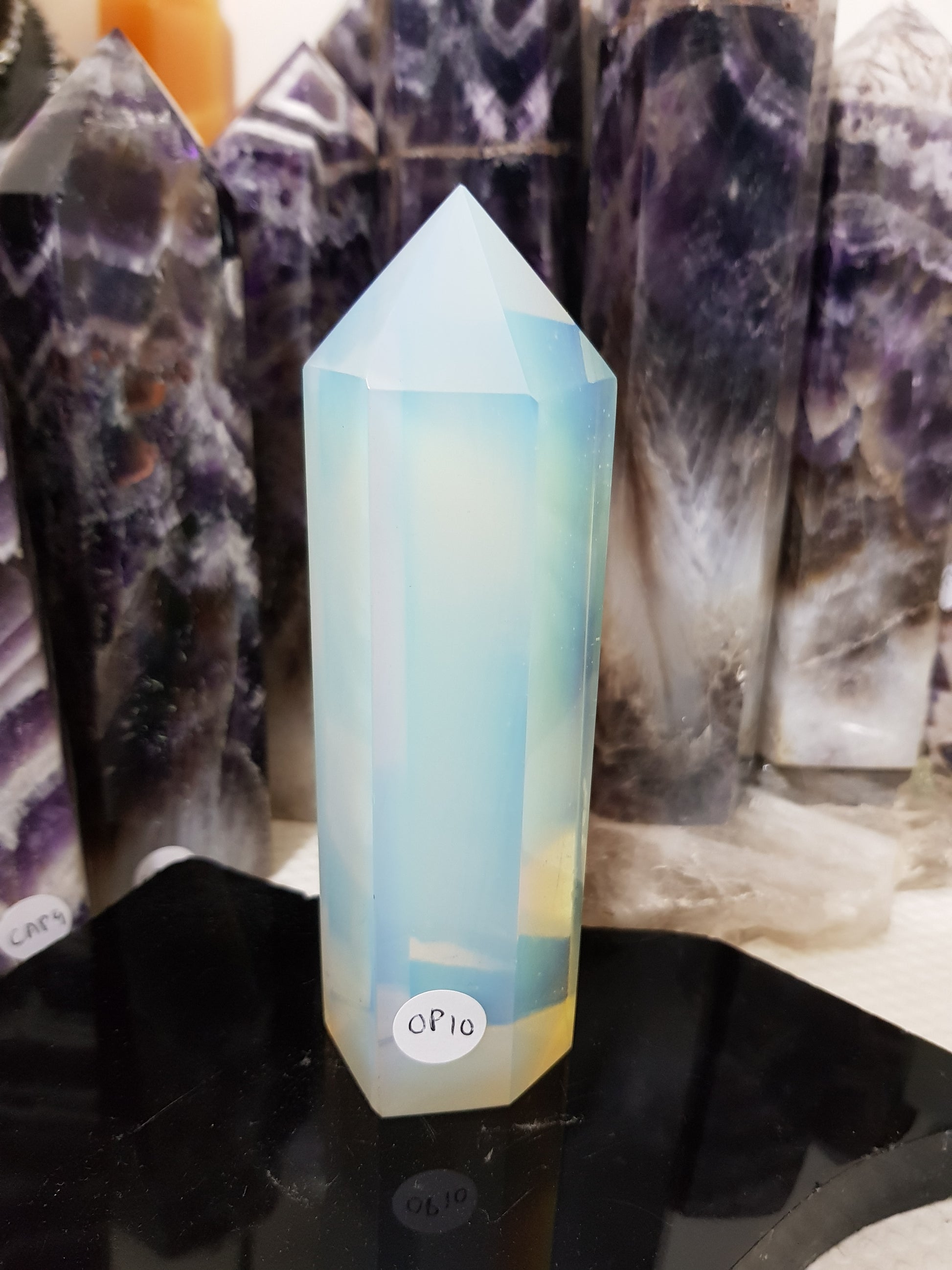 Opalite crystal point tower polished milky blue glow 13.5cm