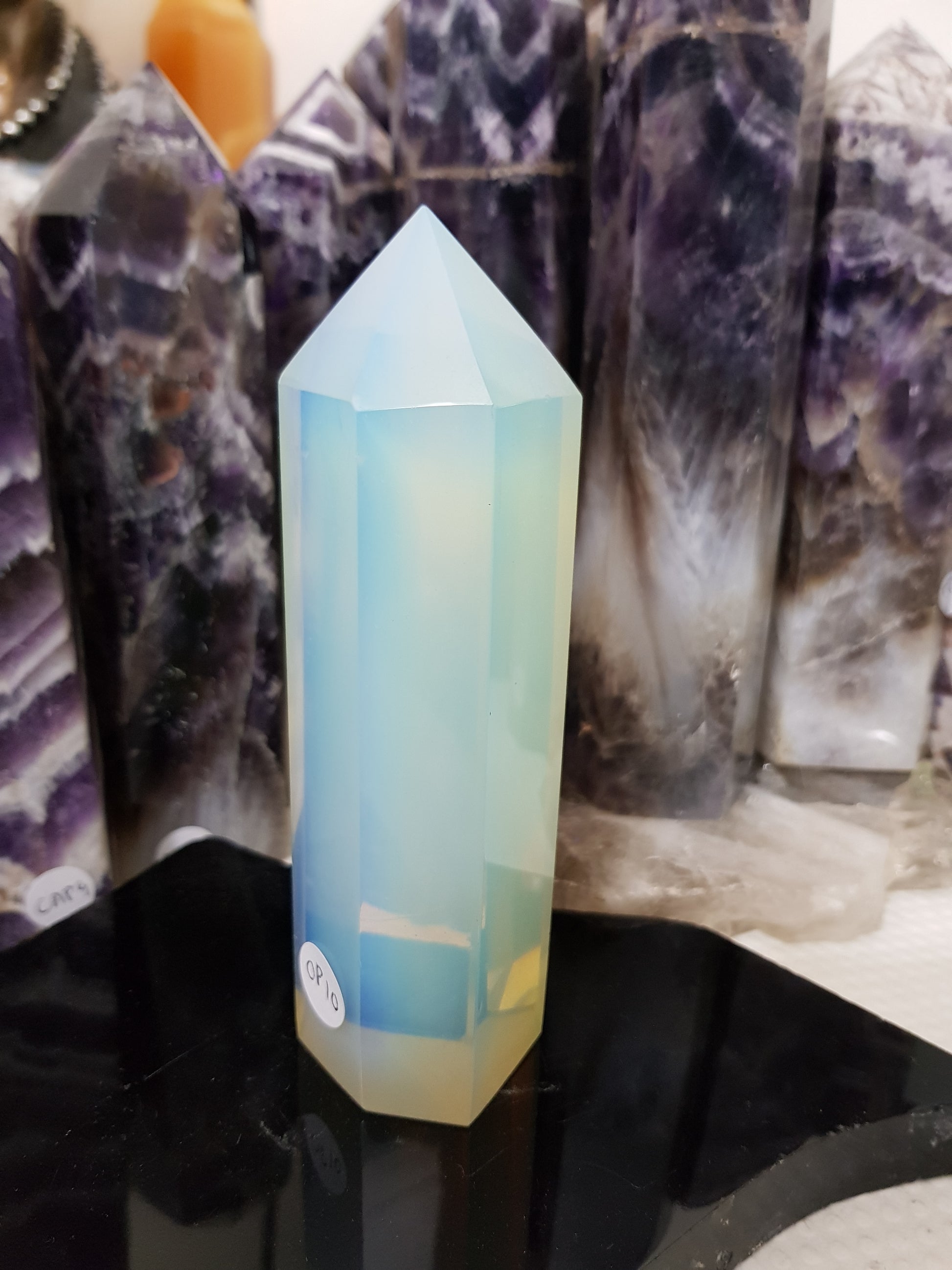 Opalite crystal point tower polished milky blue glow 13.5cm