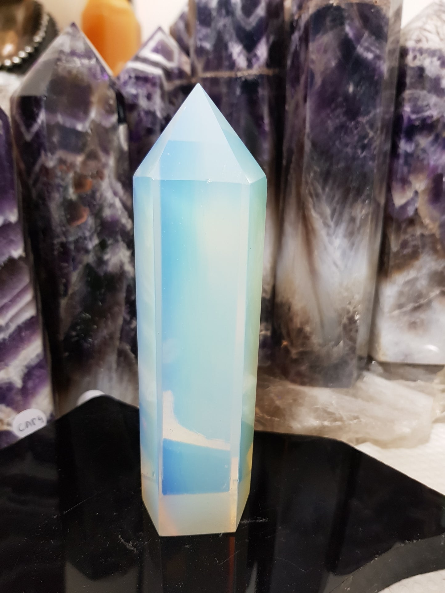 Opalite crystal point tower polished milky blue glow 13.5cm
