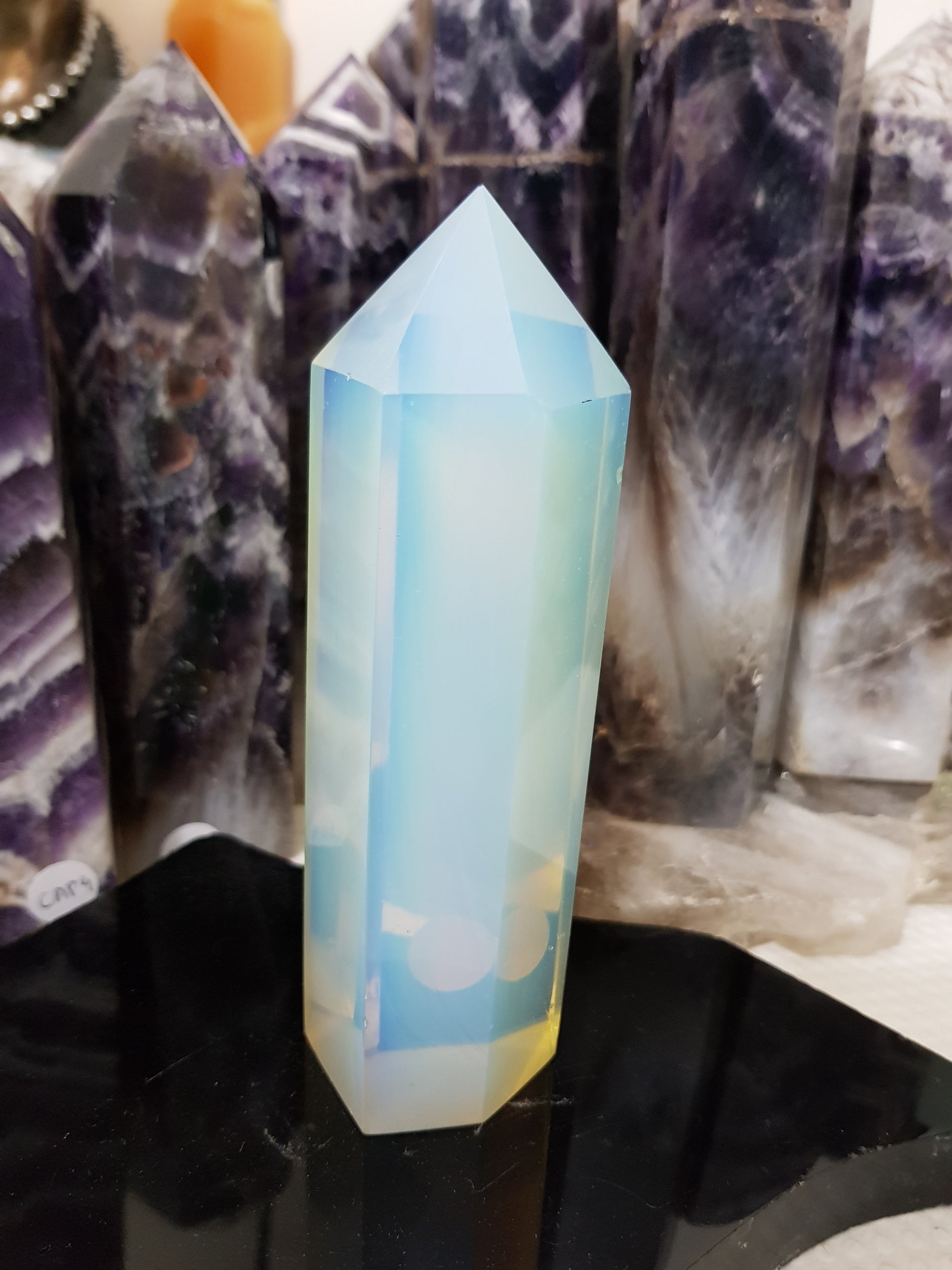 Opalite crystal point tower polished milky blue glow 13.5cm