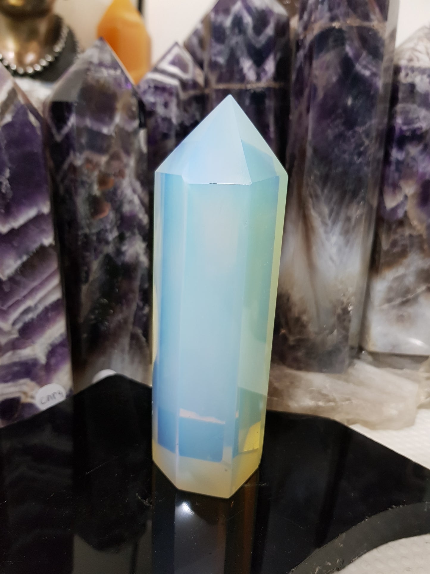 Opalite crystal point tower polished milky blue glow 13.5cm