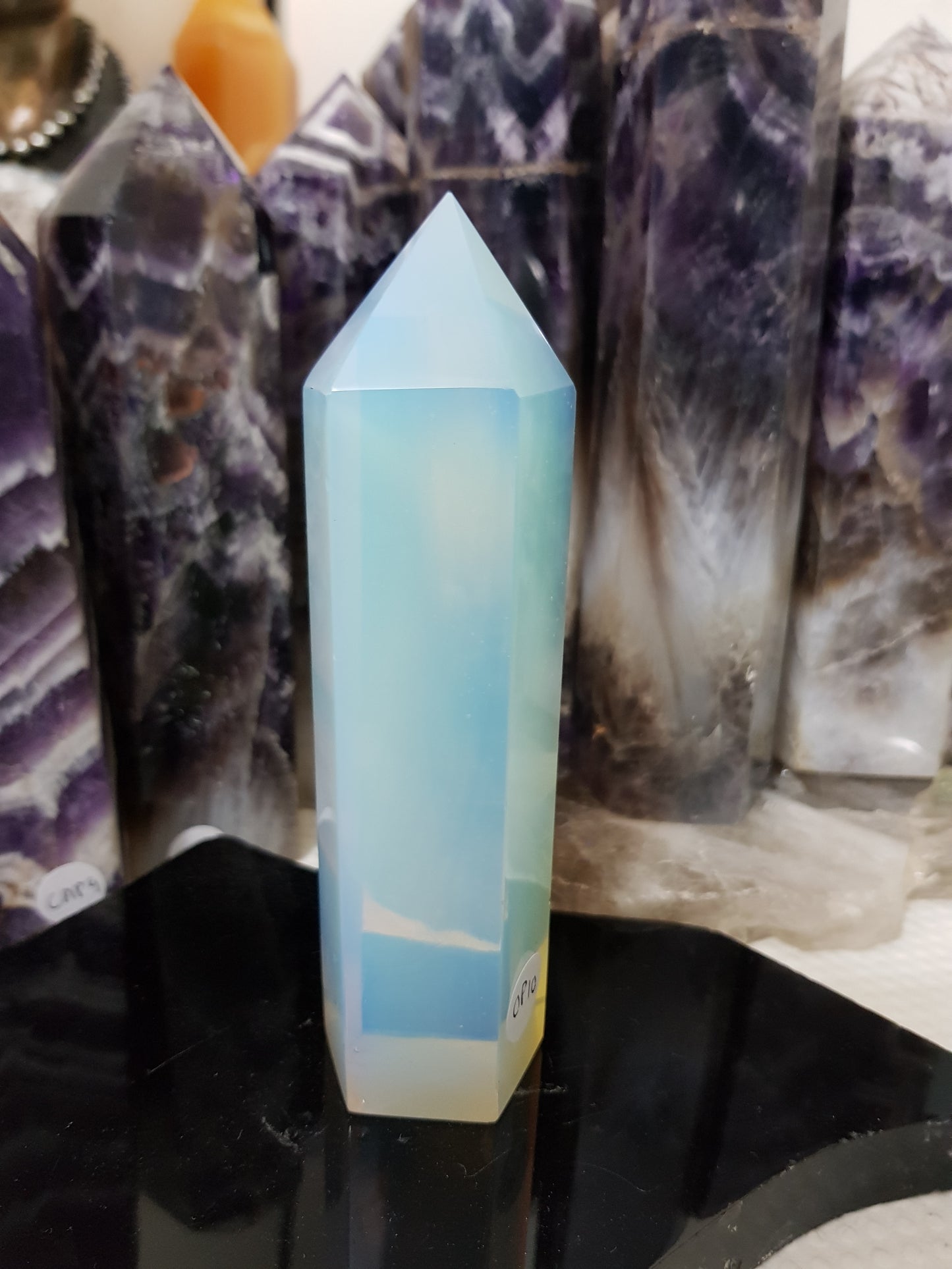Opalite crystal point tower polished milky blue glow 13.5cm