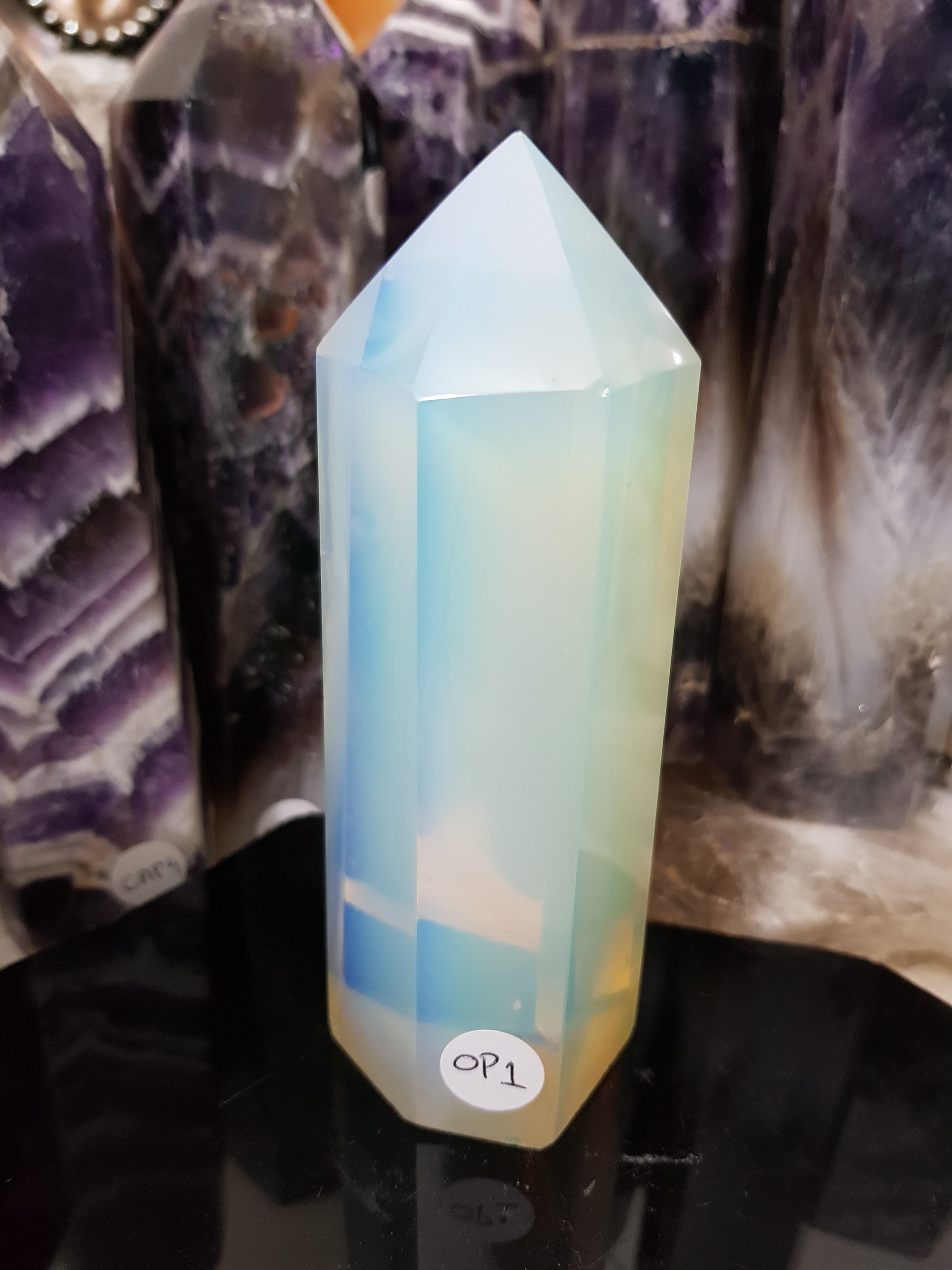 Opalite crystal point tower polished milky blue glow 13cm