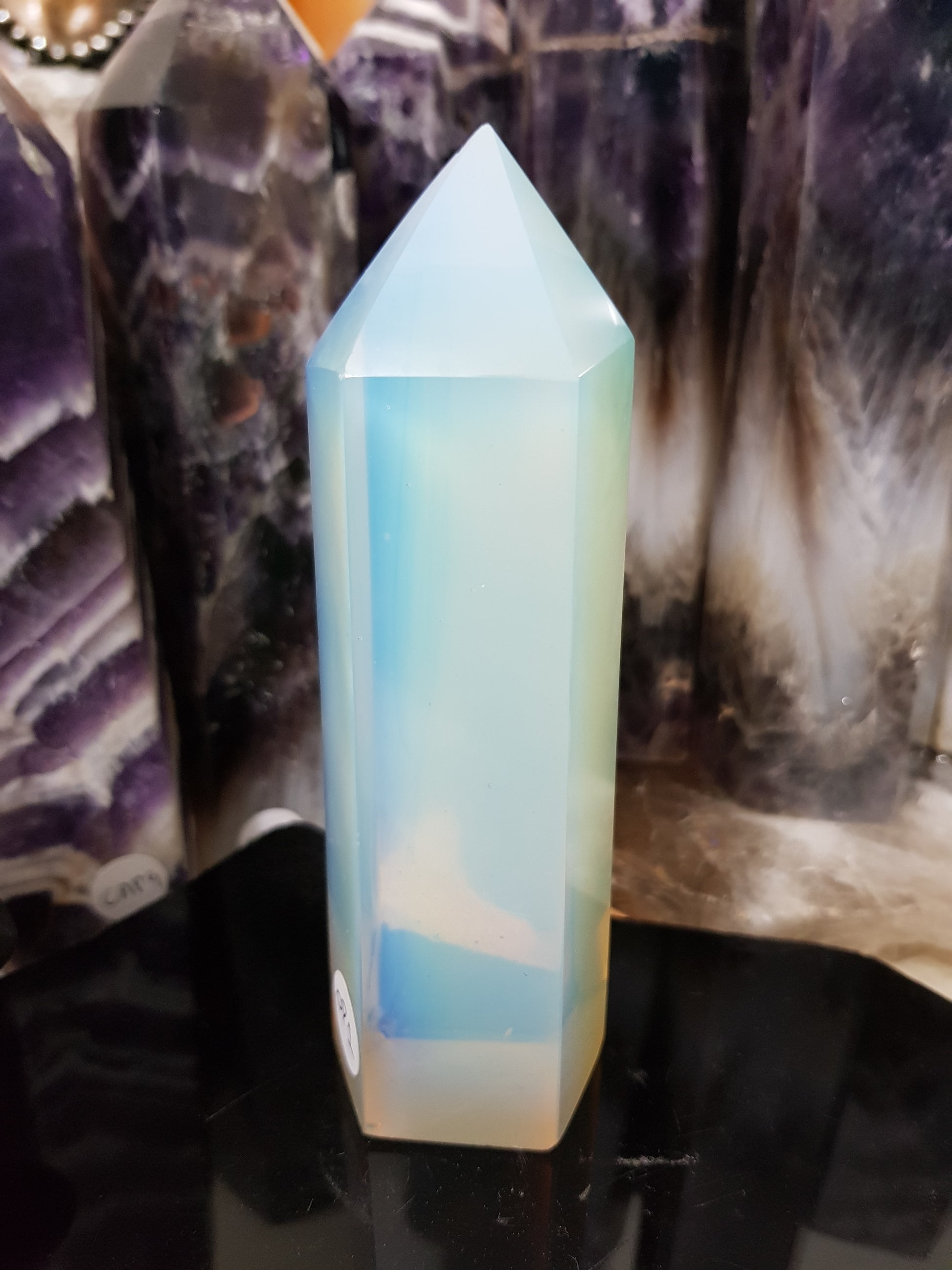 Opalite crystal point tower polished milky blue glow 13cm