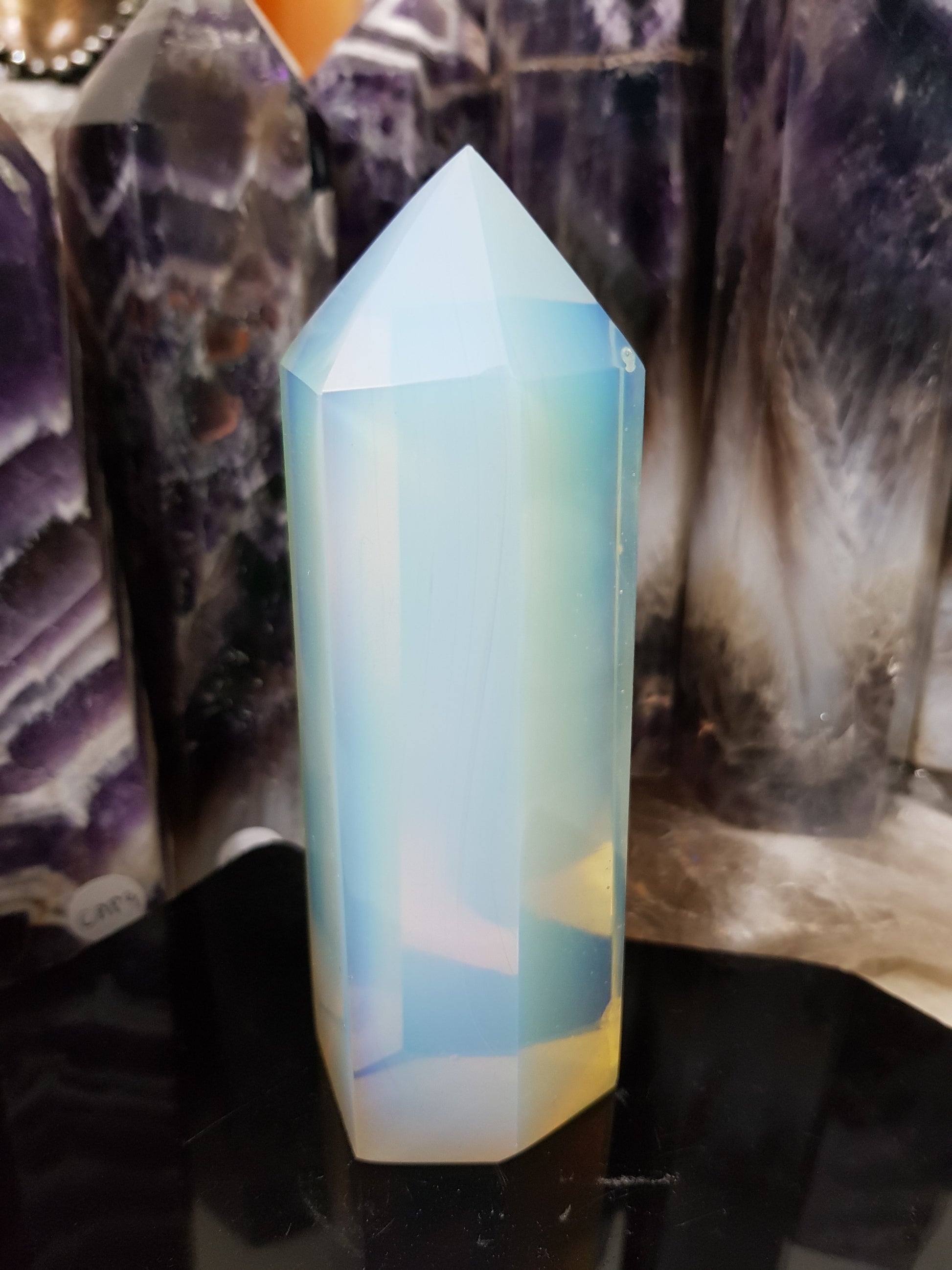 Opalite crystal point tower polished milky blue glow 13cm