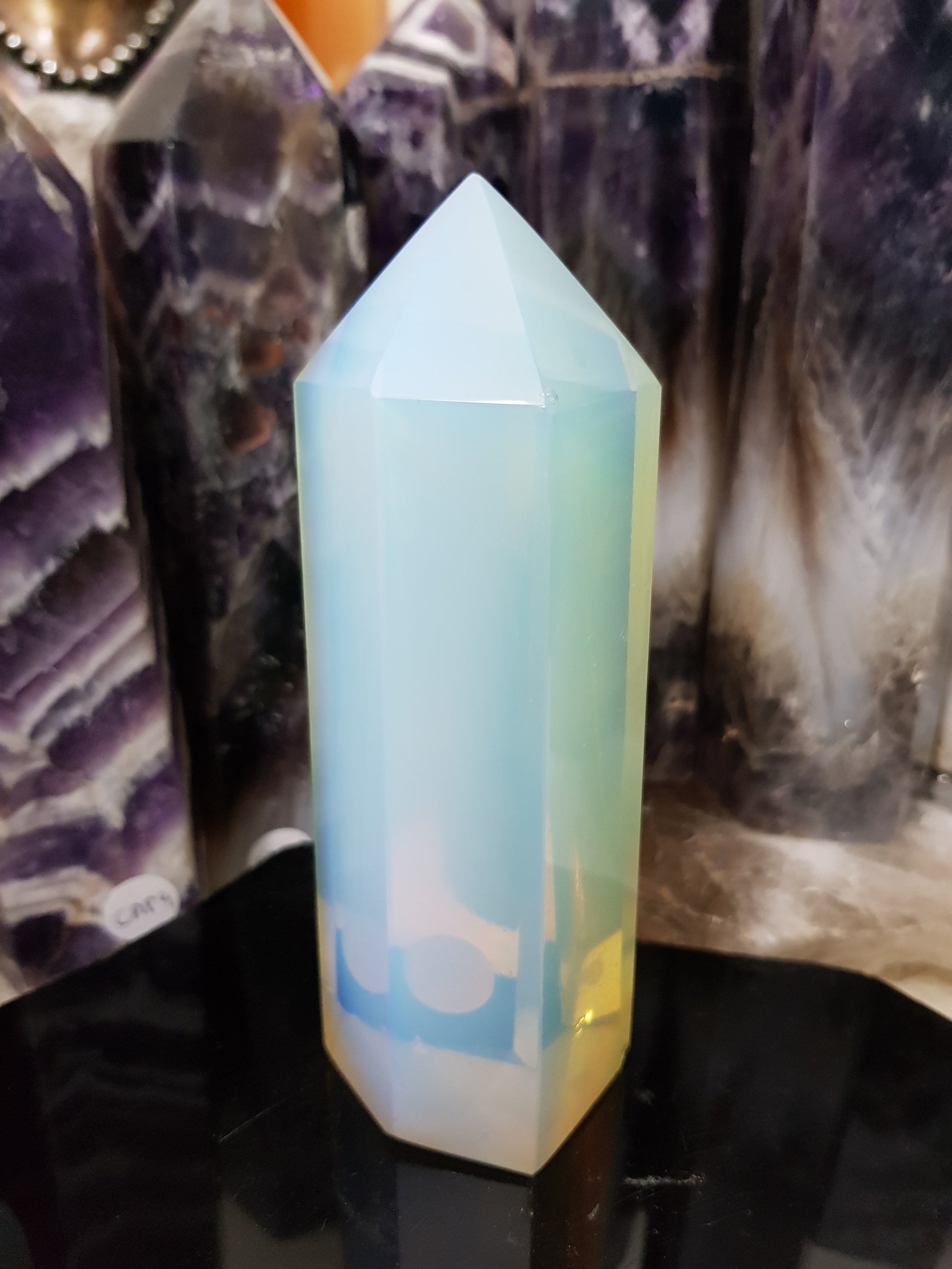 Opalite crystal point tower polished milky blue glow 13cm