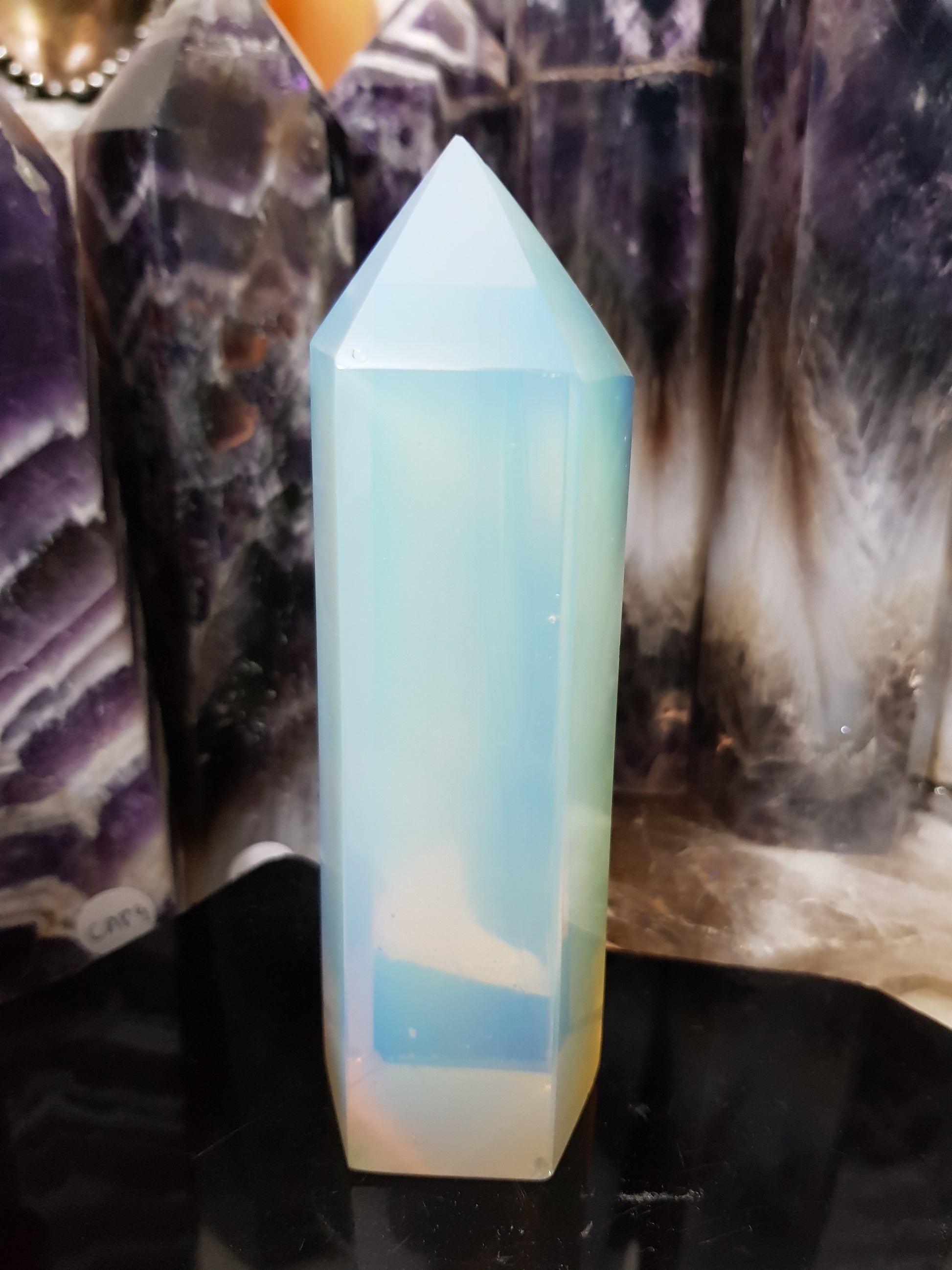 Opalite crystal point tower polished milky blue glow 13cm