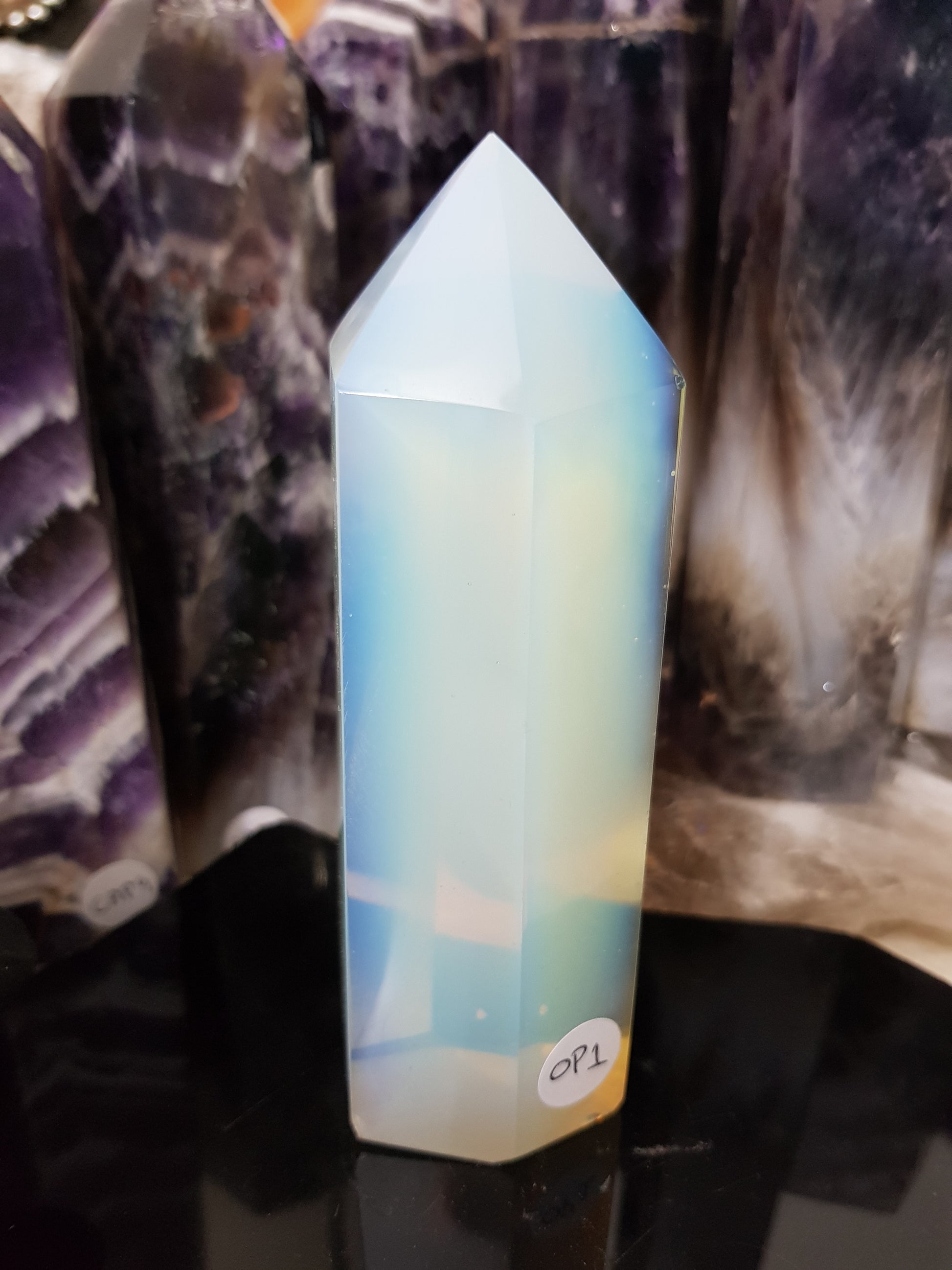 Opalite crystal point tower polished milky blue glow 13cm