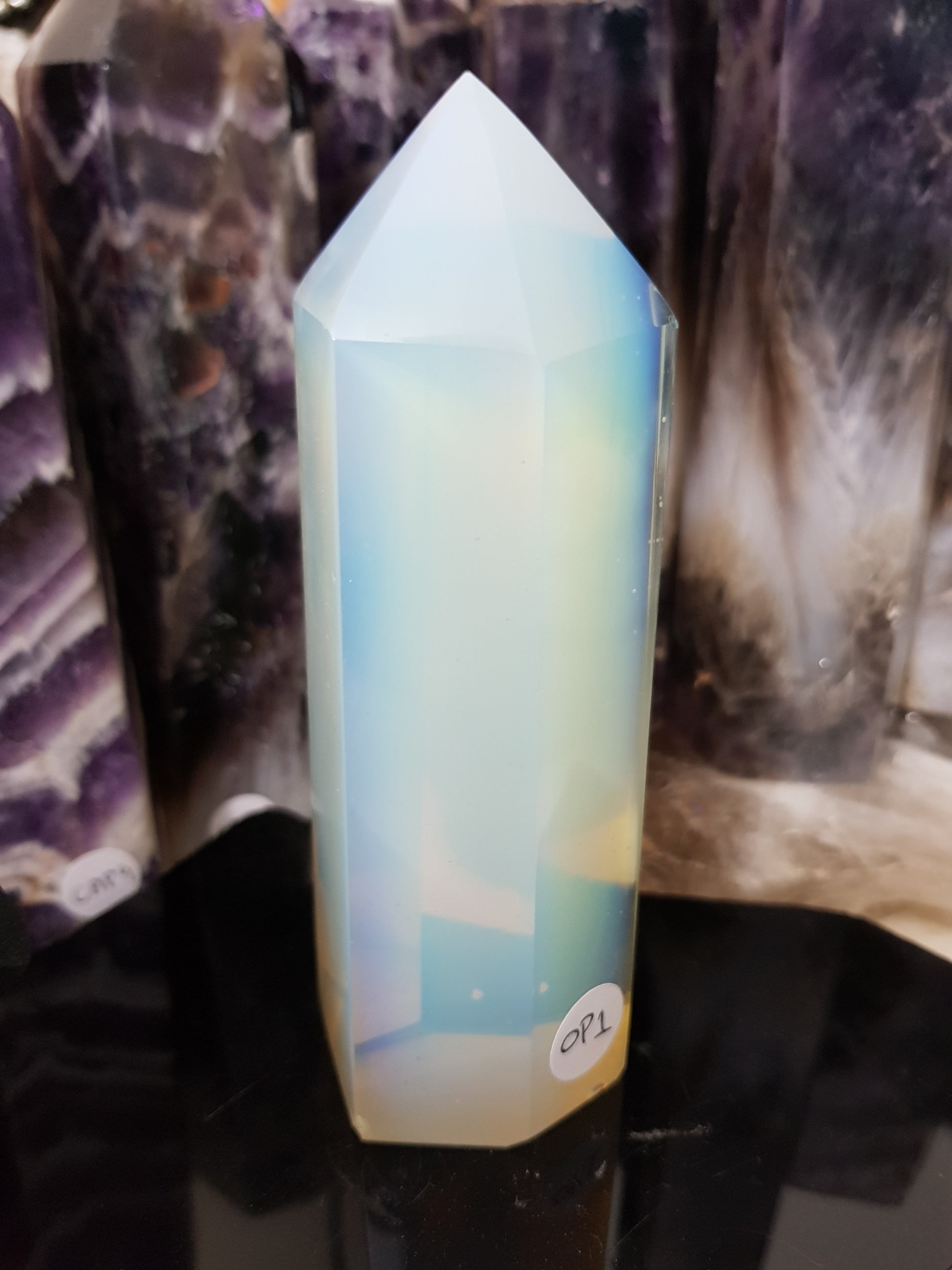 Opalite crystal point tower polished milky blue glow 13cm