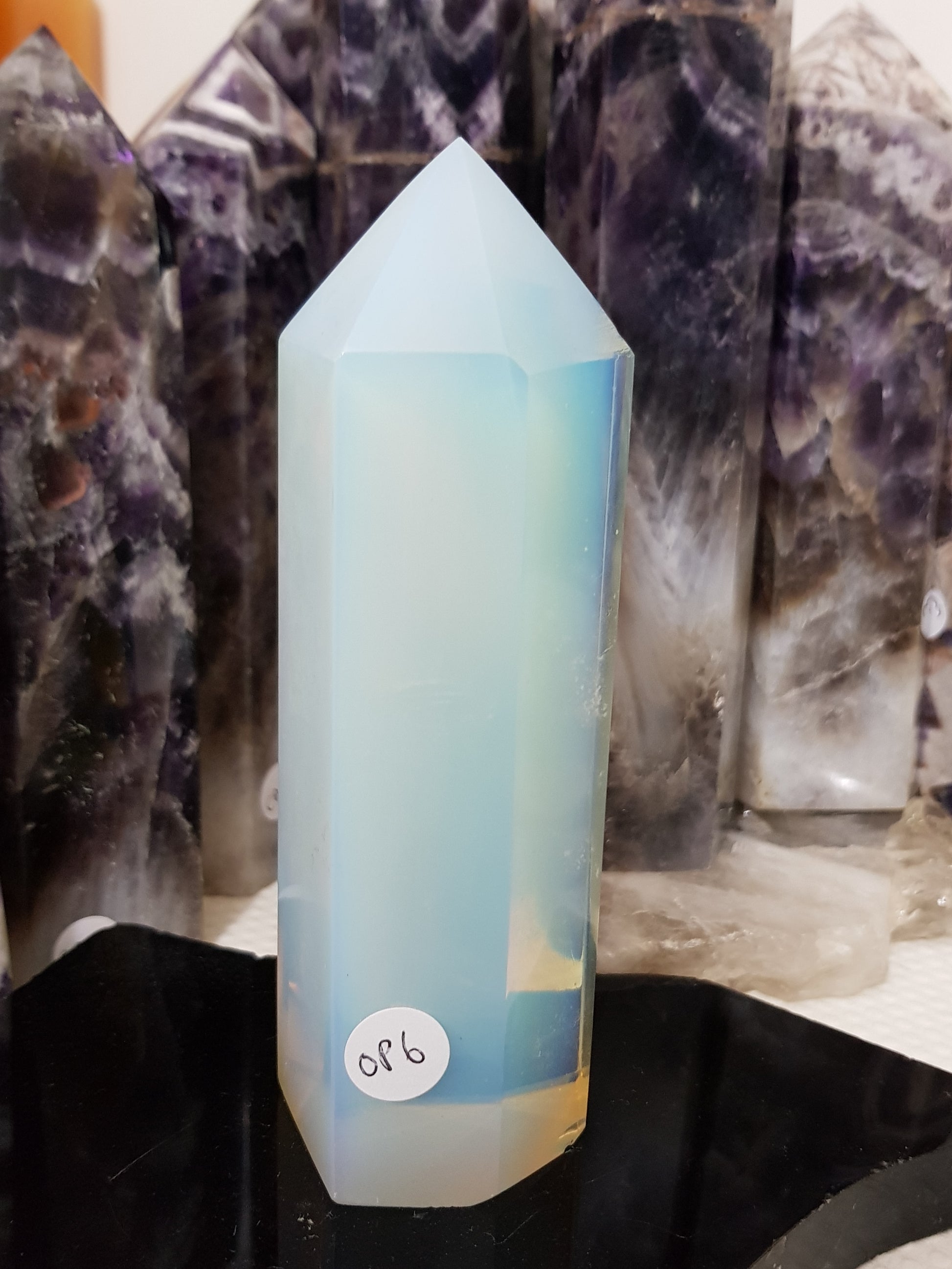 Opalite crystal point tower polished milky blue glow 14.5cm