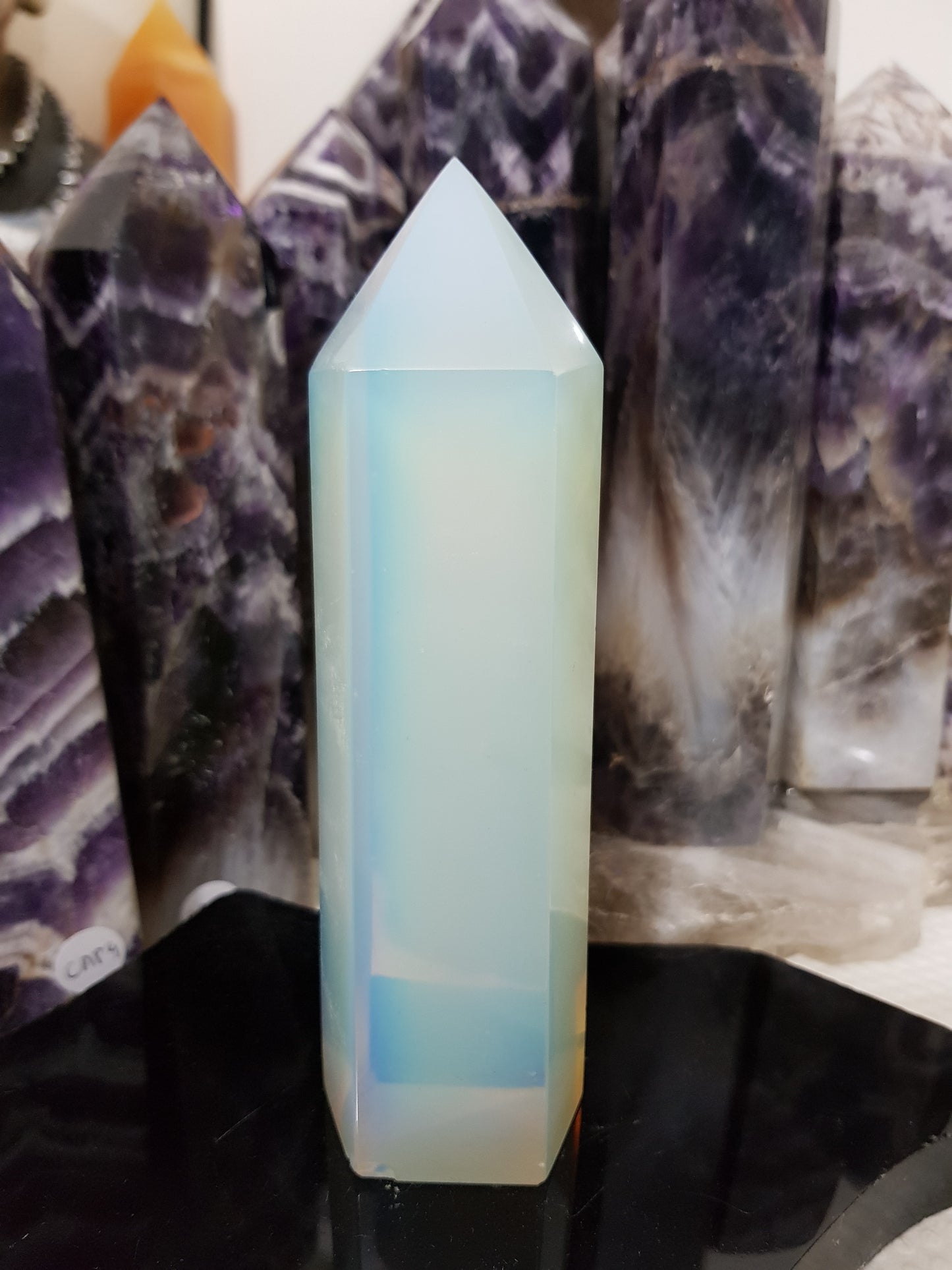 Opalite crystal point tower polished milky blue glow 14.5cm