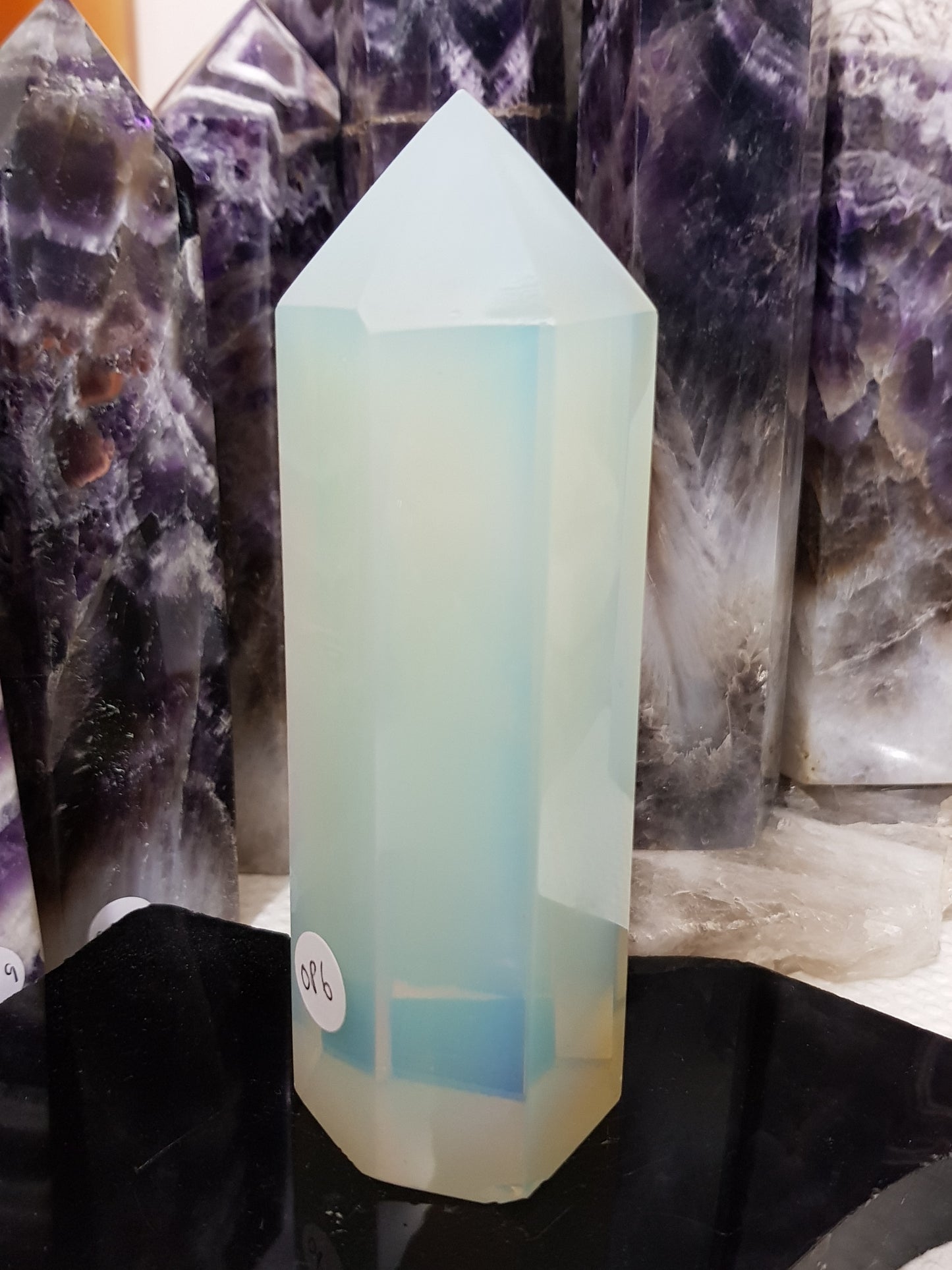 Opalite crystal point tower polished milky blue glow 14.5cm