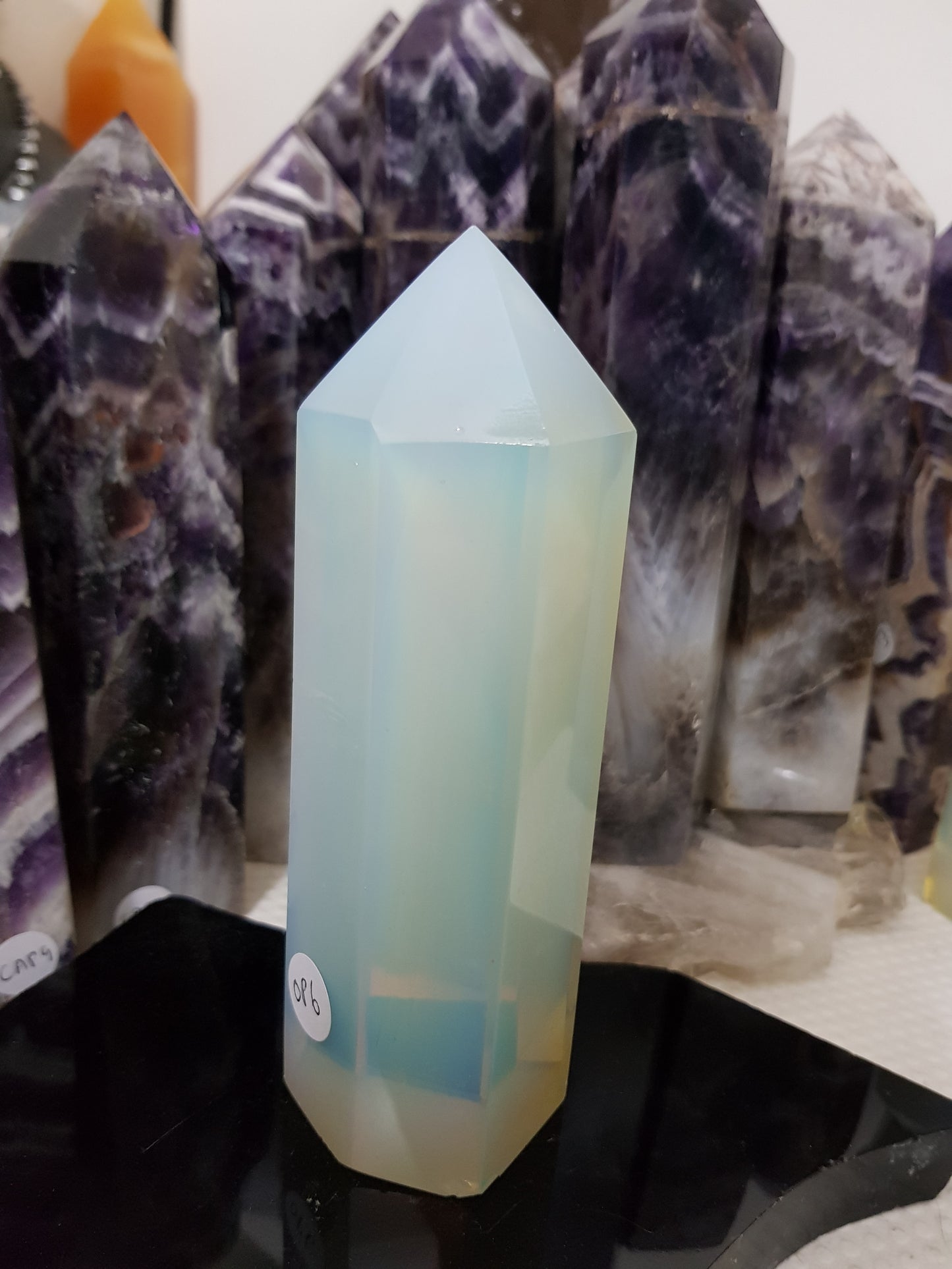 Opalite crystal point tower polished milky blue glow 14.5cm