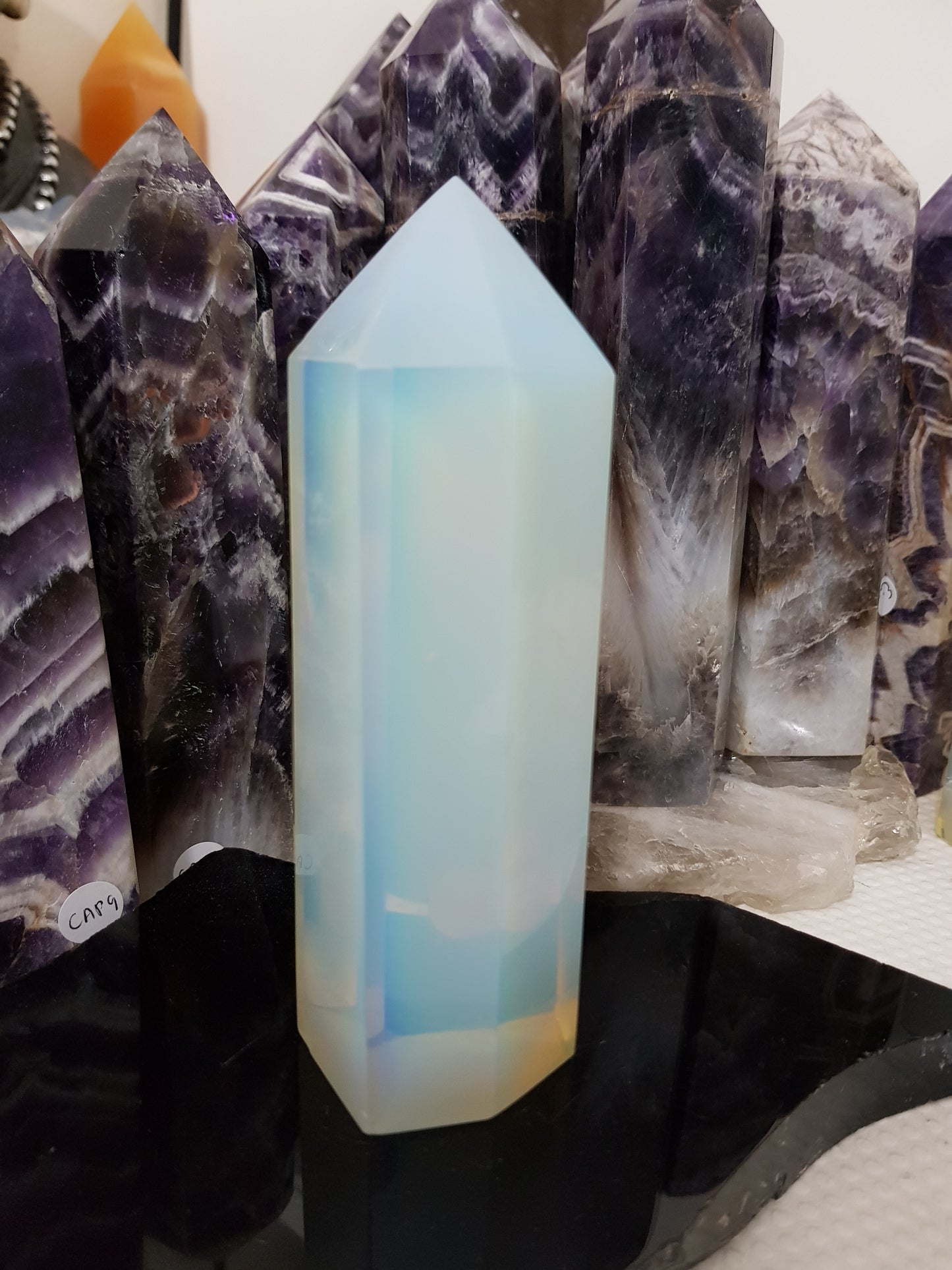 Opalite crystal point tower polished milky blue glow 14.5cm