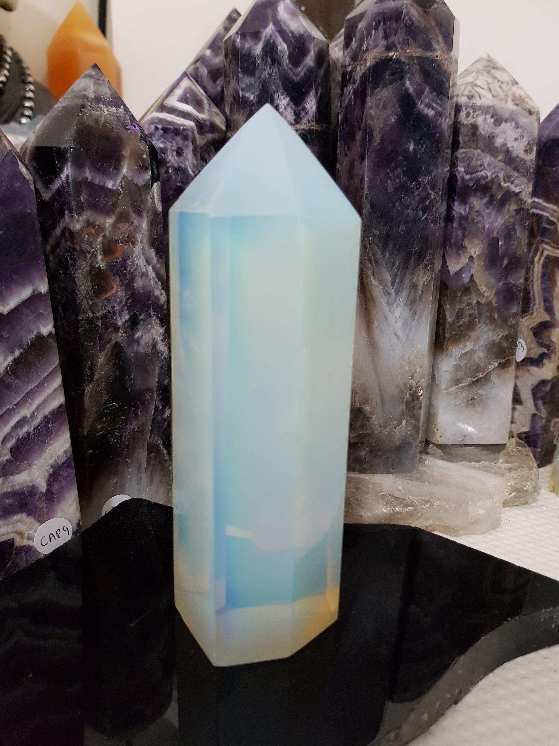 Opalite crystal point tower polished milky blue glow 14.5cm