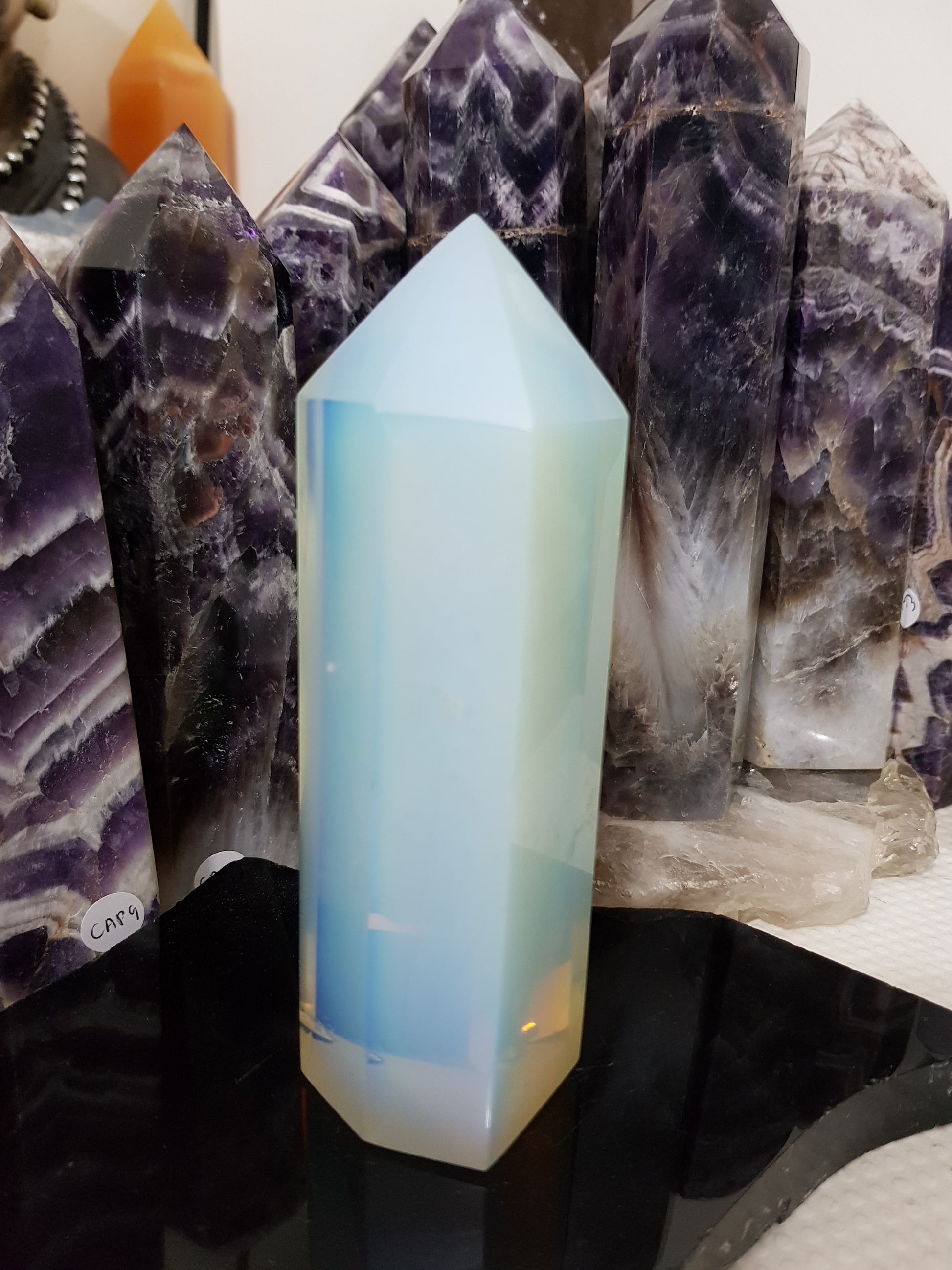 Opalite crystal point tower polished milky blue glow 14.5cm