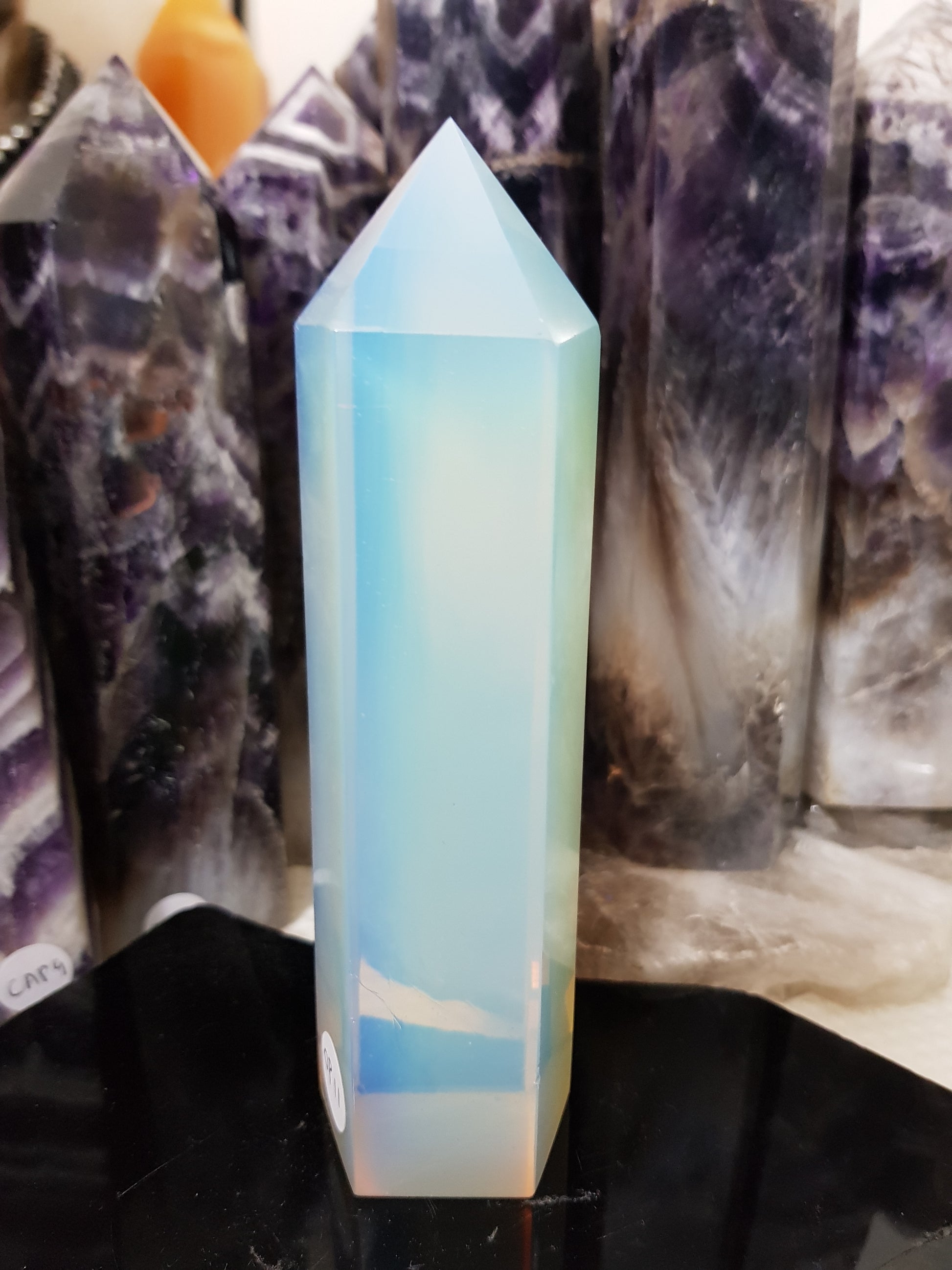 Opalite crystal point tower polished milky blue glow 14cm