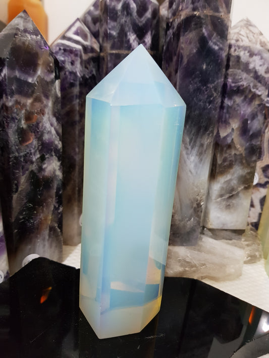 Opalite crystal point tower polished milky blue glow 14cm