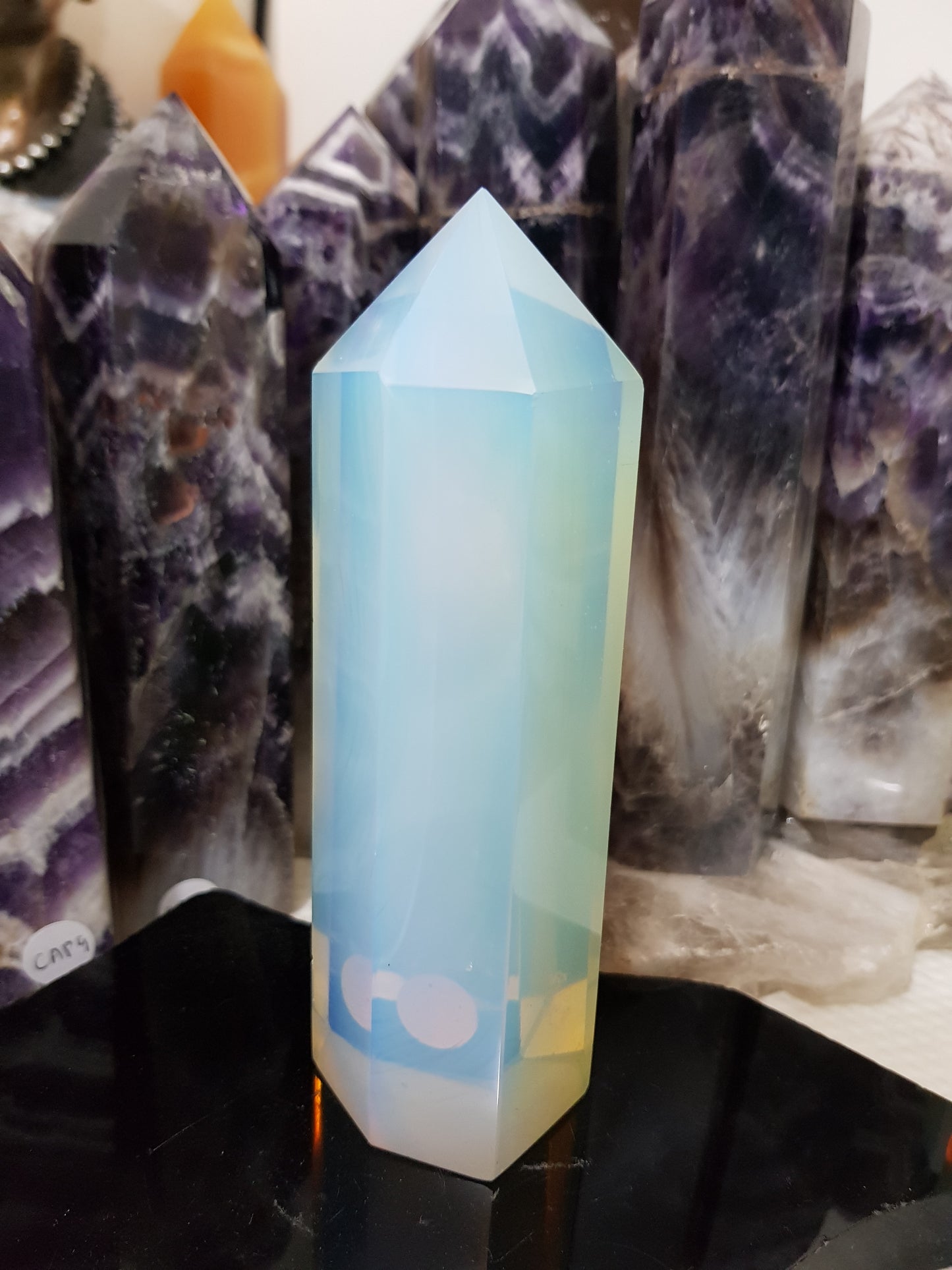Opalite crystal point tower polished milky blue glow 14cm