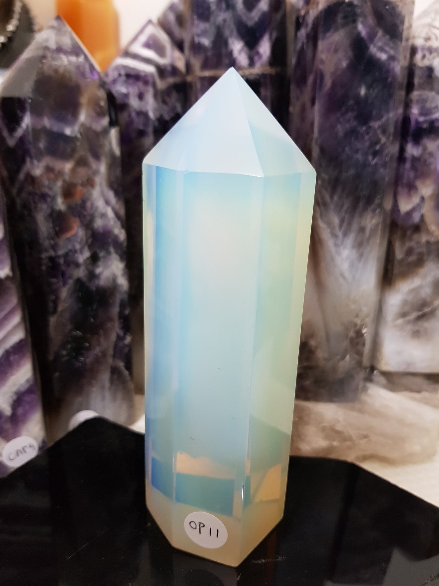 Opalite crystal point tower polished milky blue glow 14cm