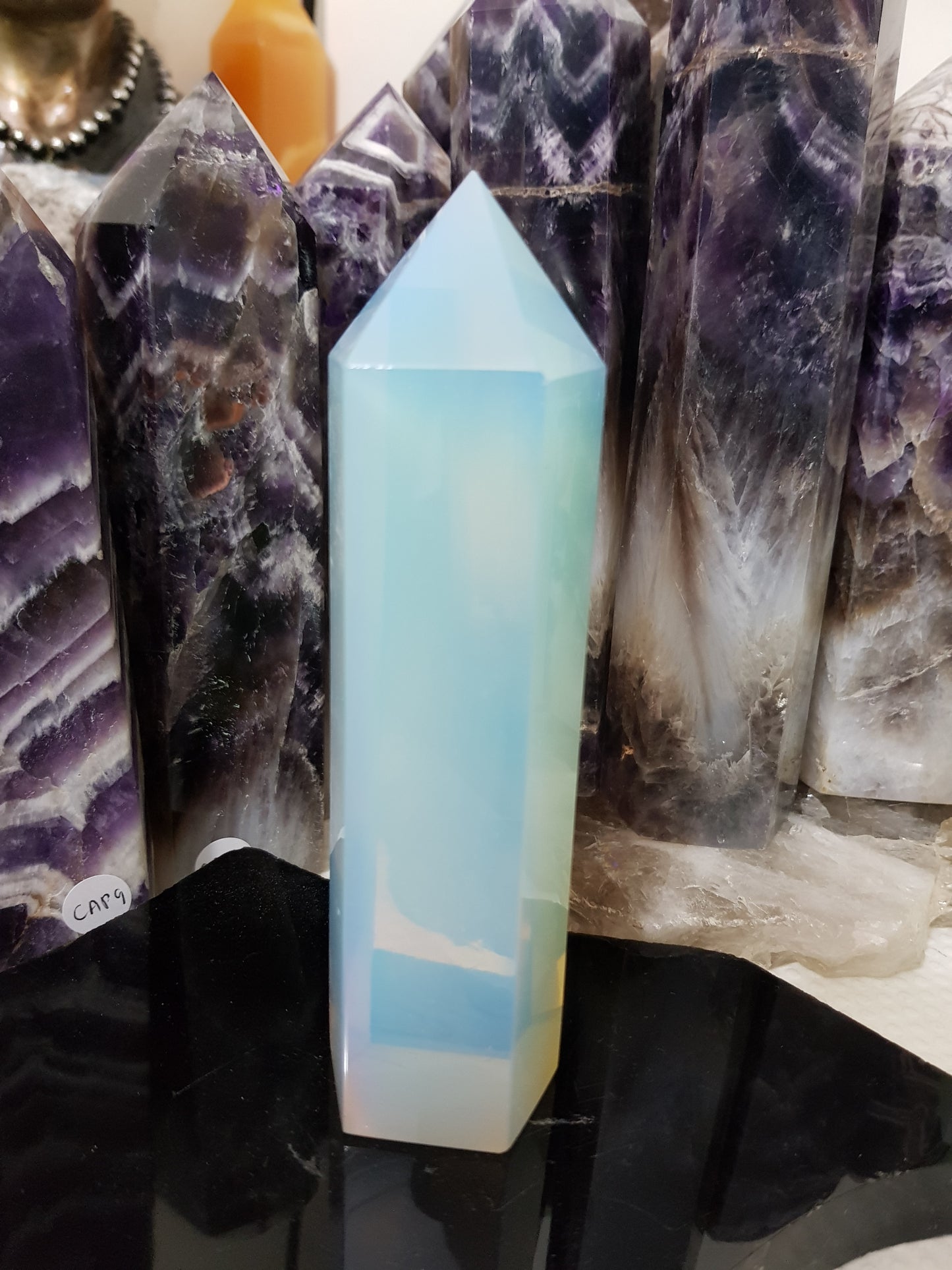 Opalite crystal point tower polished milky blue glow 14cm