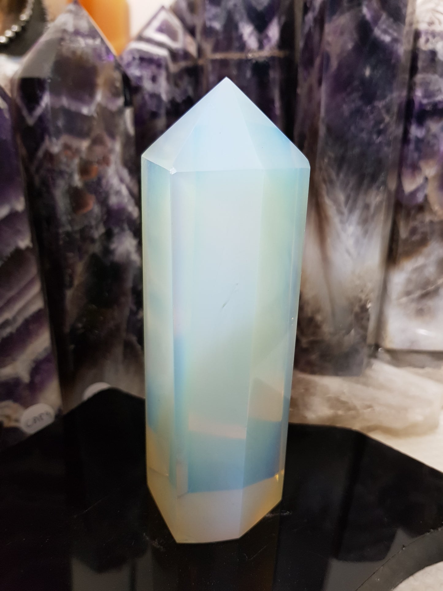 Opalite crystal point tower polished milky blue glow 13.5cm
