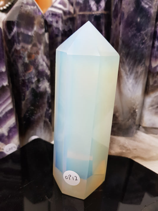 Opalite crystal point tower polished milky blue glow 13.5cm