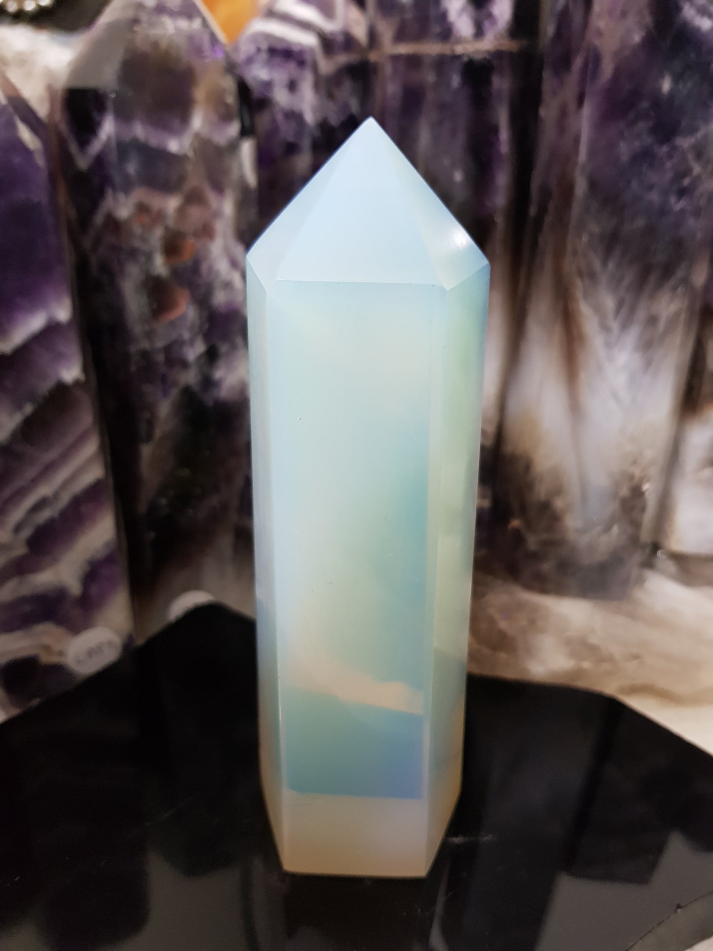 Opalite crystal point tower polished milky blue glow 13.5cm