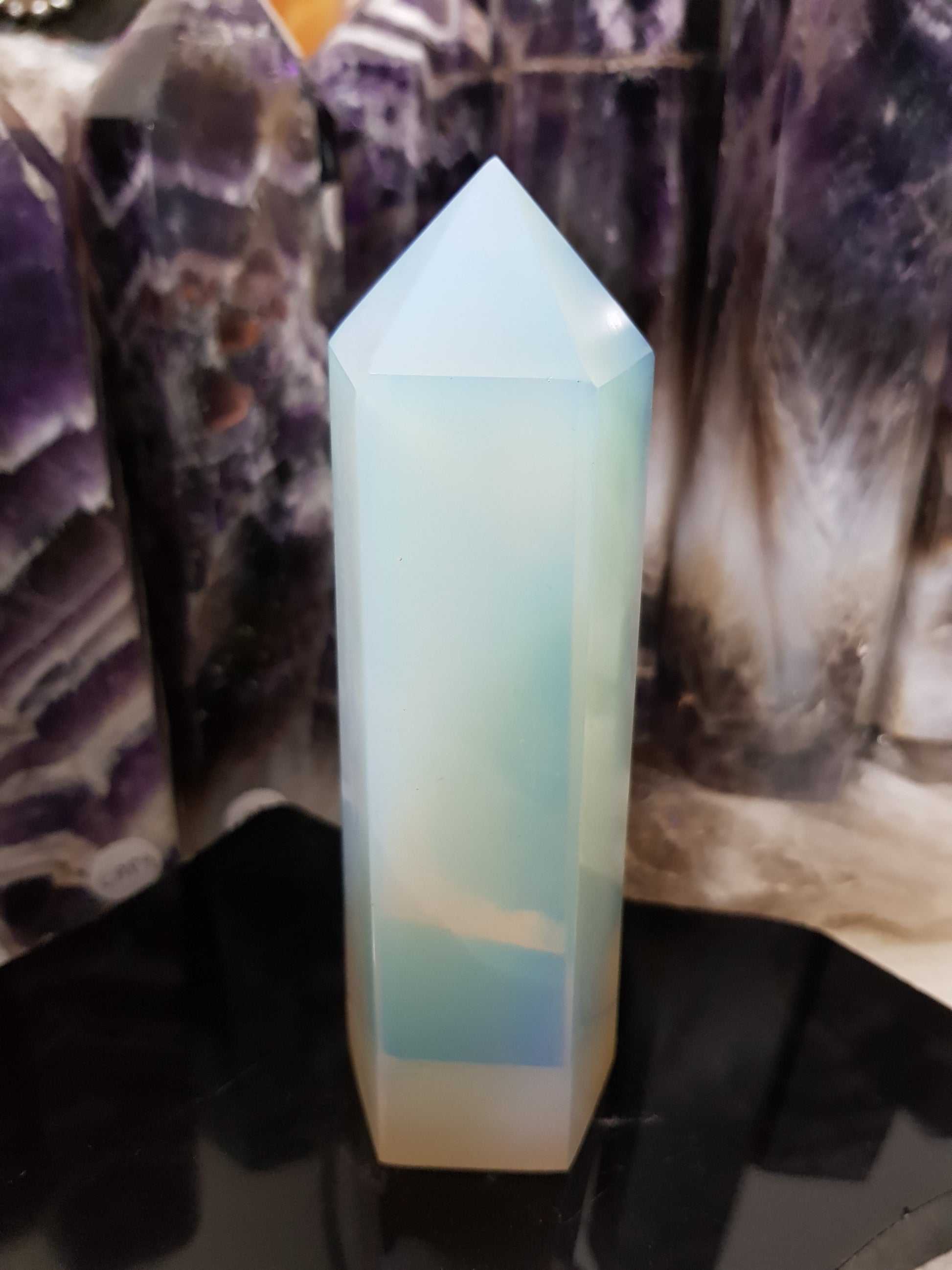 Opalite crystal point tower polished milky blue glow 13.5cm
