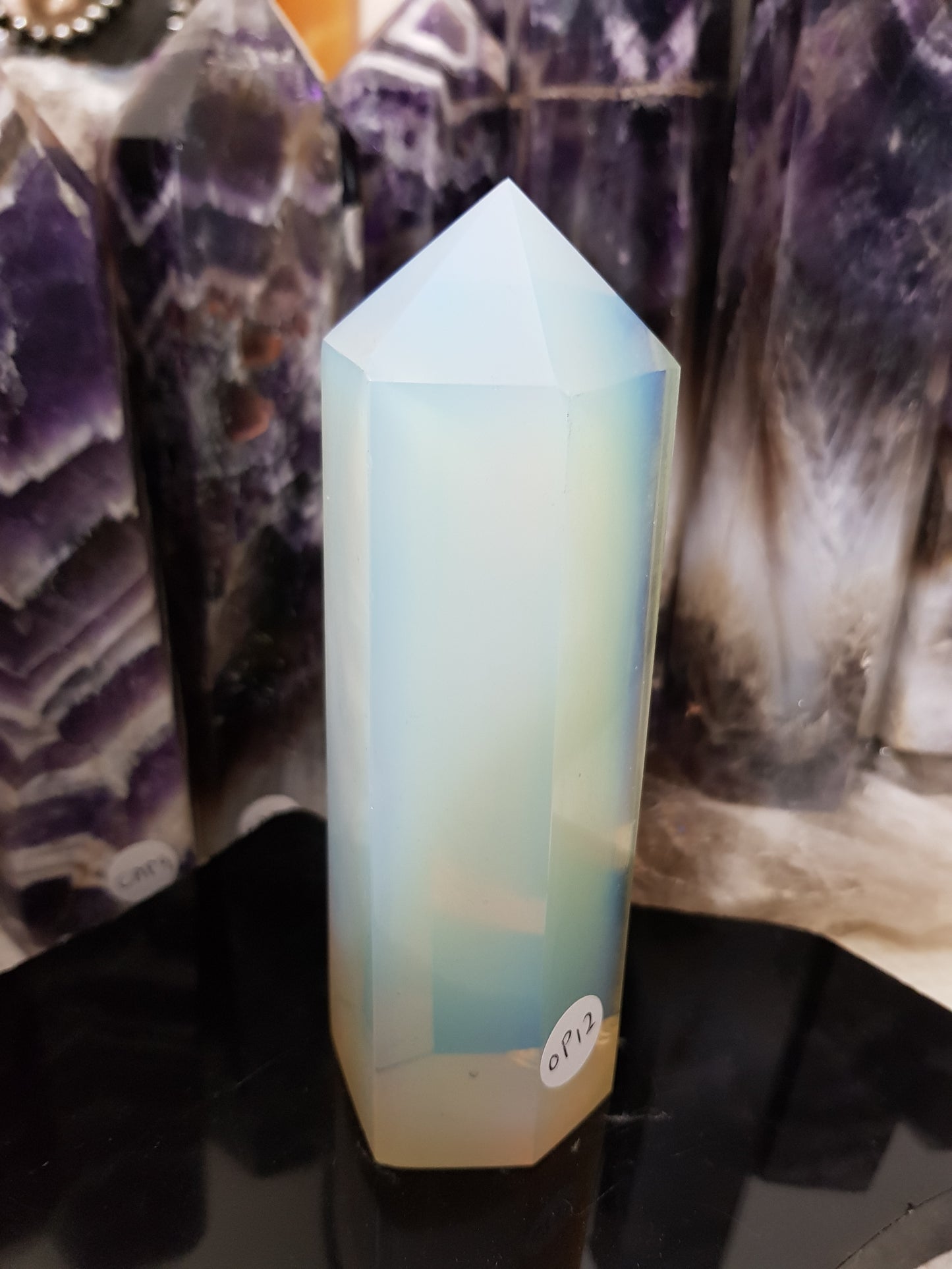 Opalite crystal point tower polished milky blue glow 13.5cm