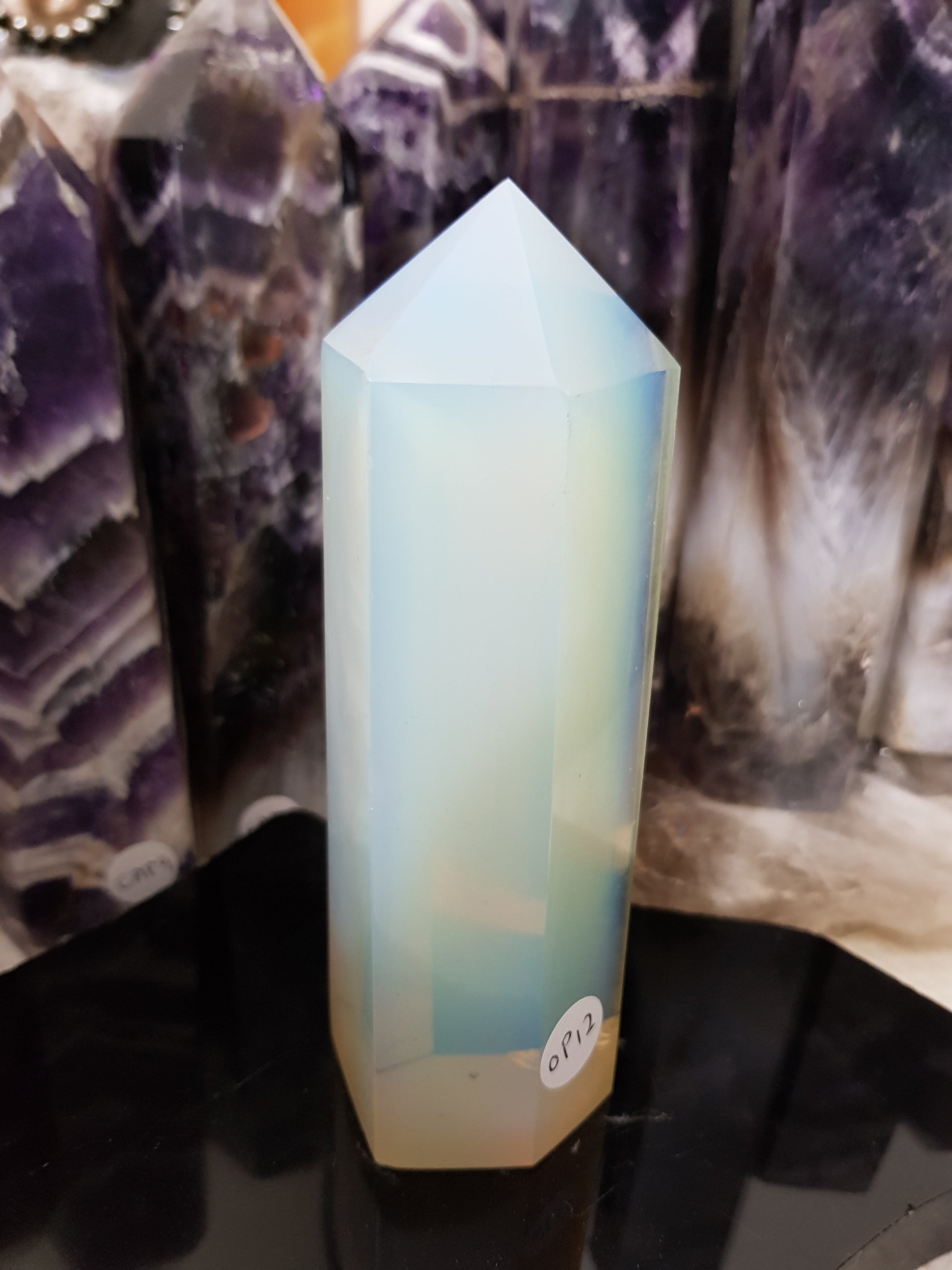 Opalite crystal point tower polished milky blue glow 13.5cm
