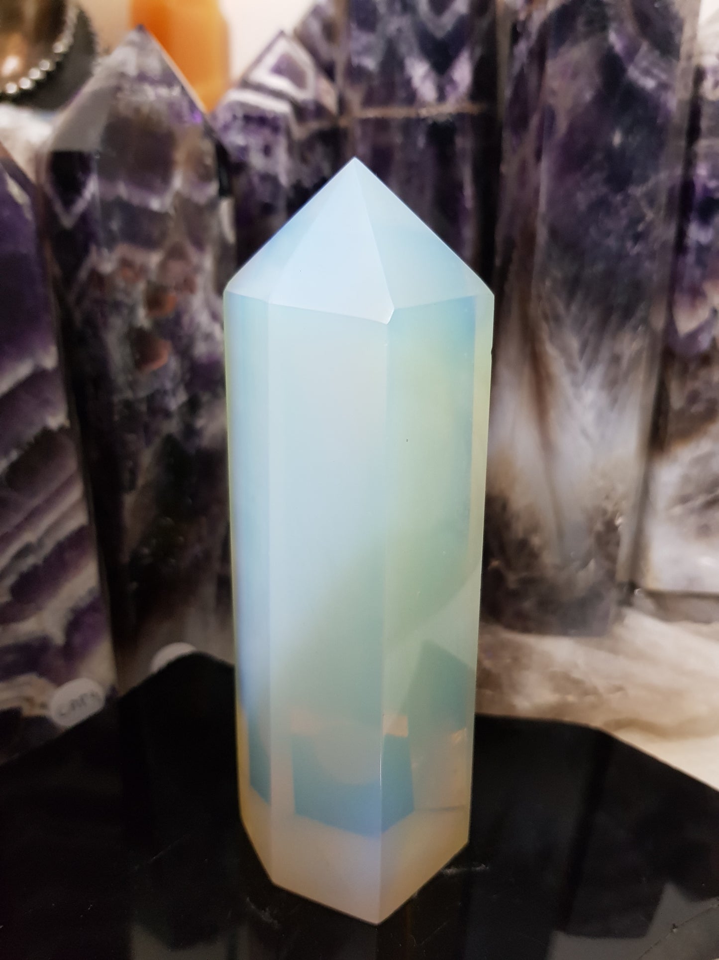 Opalite crystal point tower polished milky blue glow 13.5cm