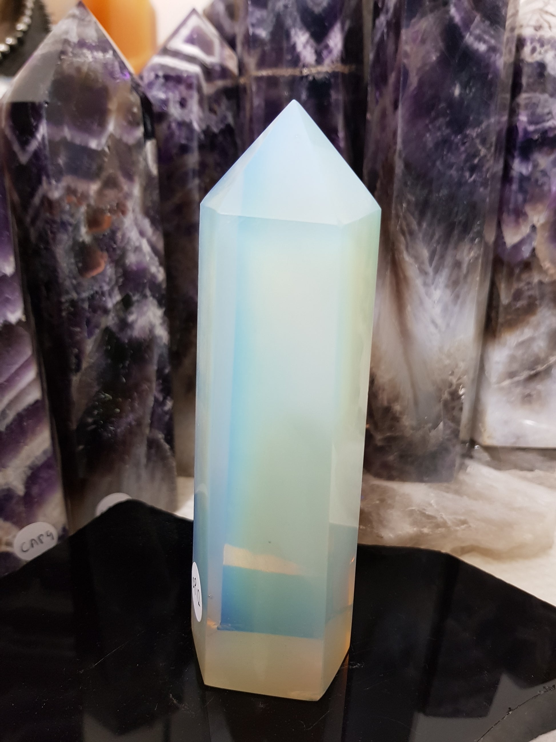 Opalite crystal point tower polished milky blue glow 13.5cm
