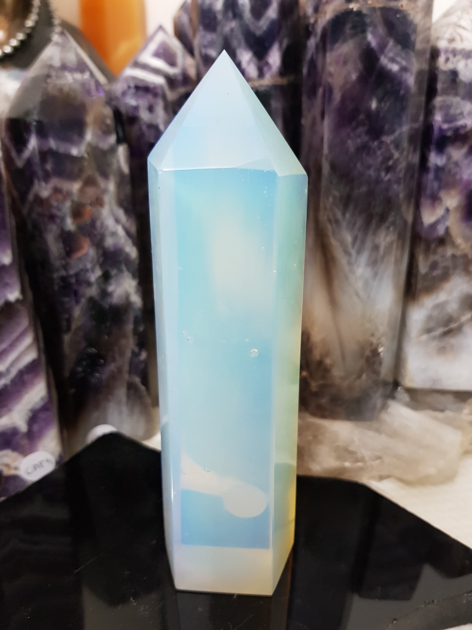 Opalite crystal point tower polished milky blue glow 15.5cm