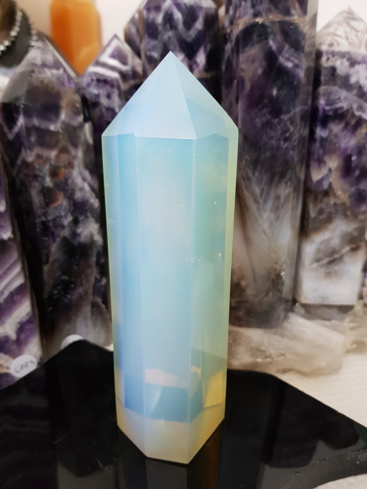 Opalite crystal point tower polished milky blue glow 15.5cm