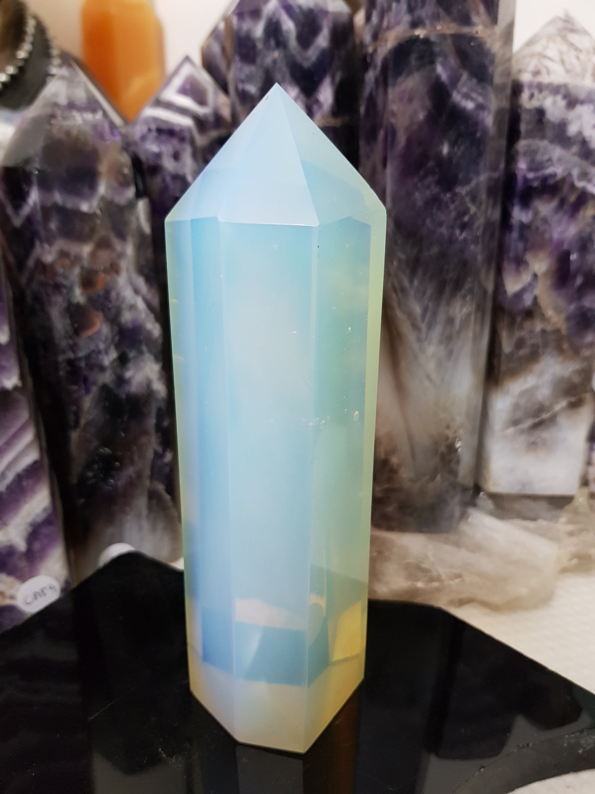 Opalite crystal point tower polished milky blue glow 15.5cm