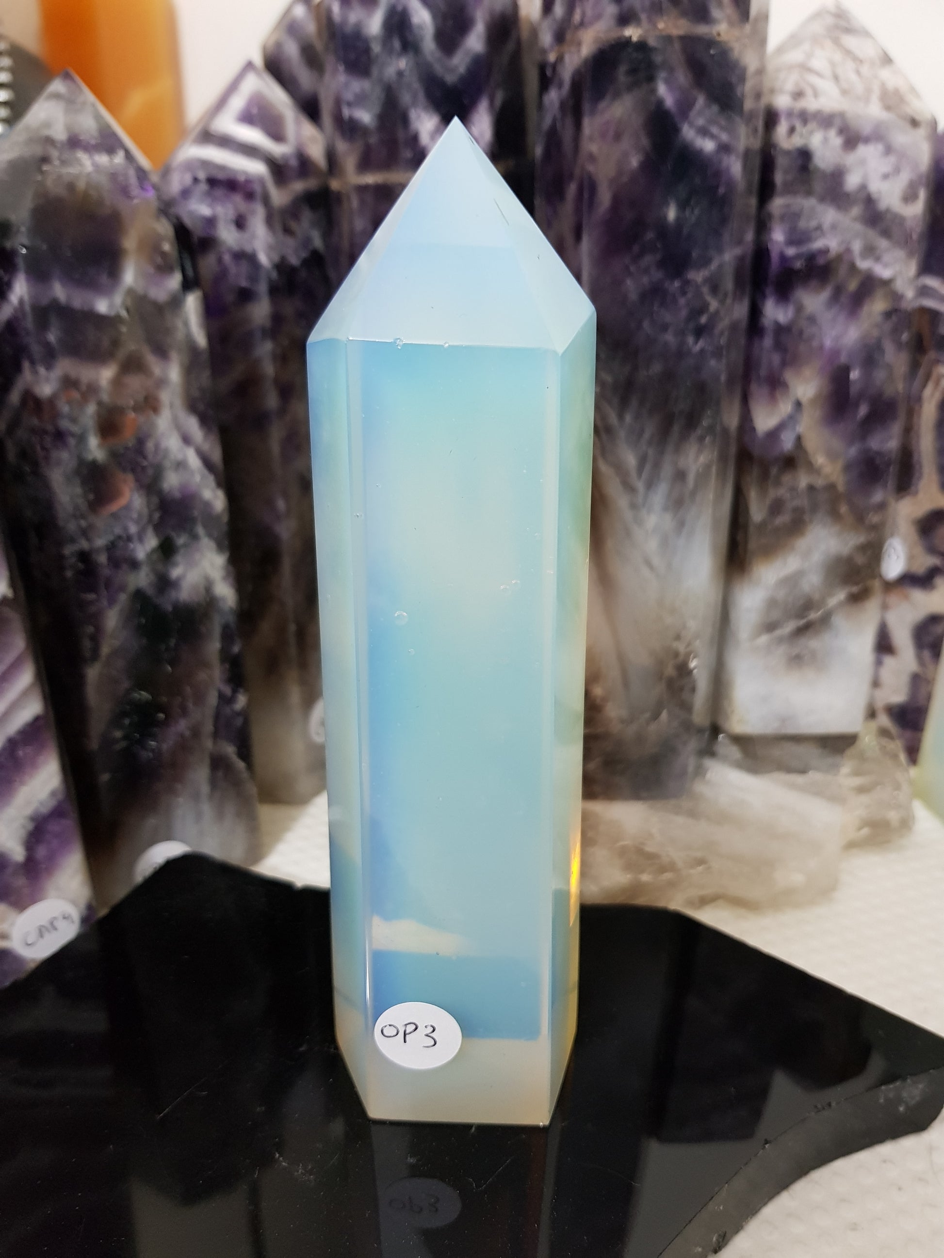 Opalite crystal point tower polished milky blue glow 15.5cm