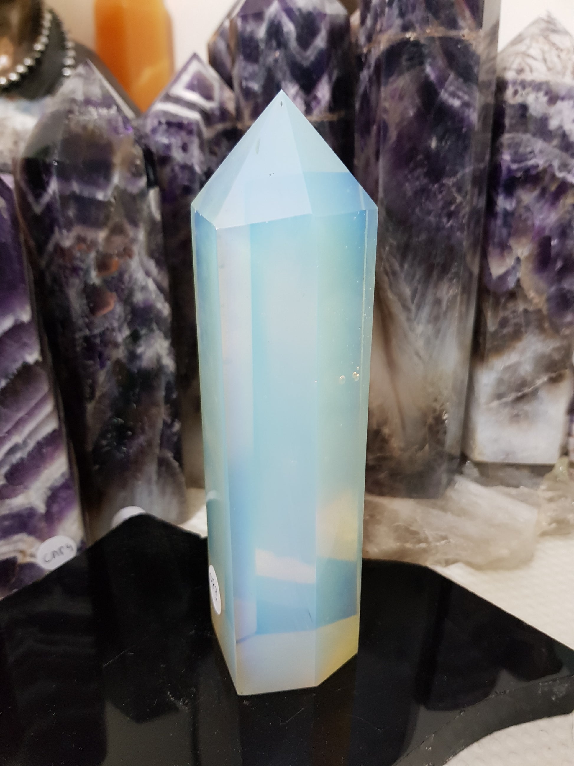 Opalite crystal point tower polished milky blue glow 15.5cm