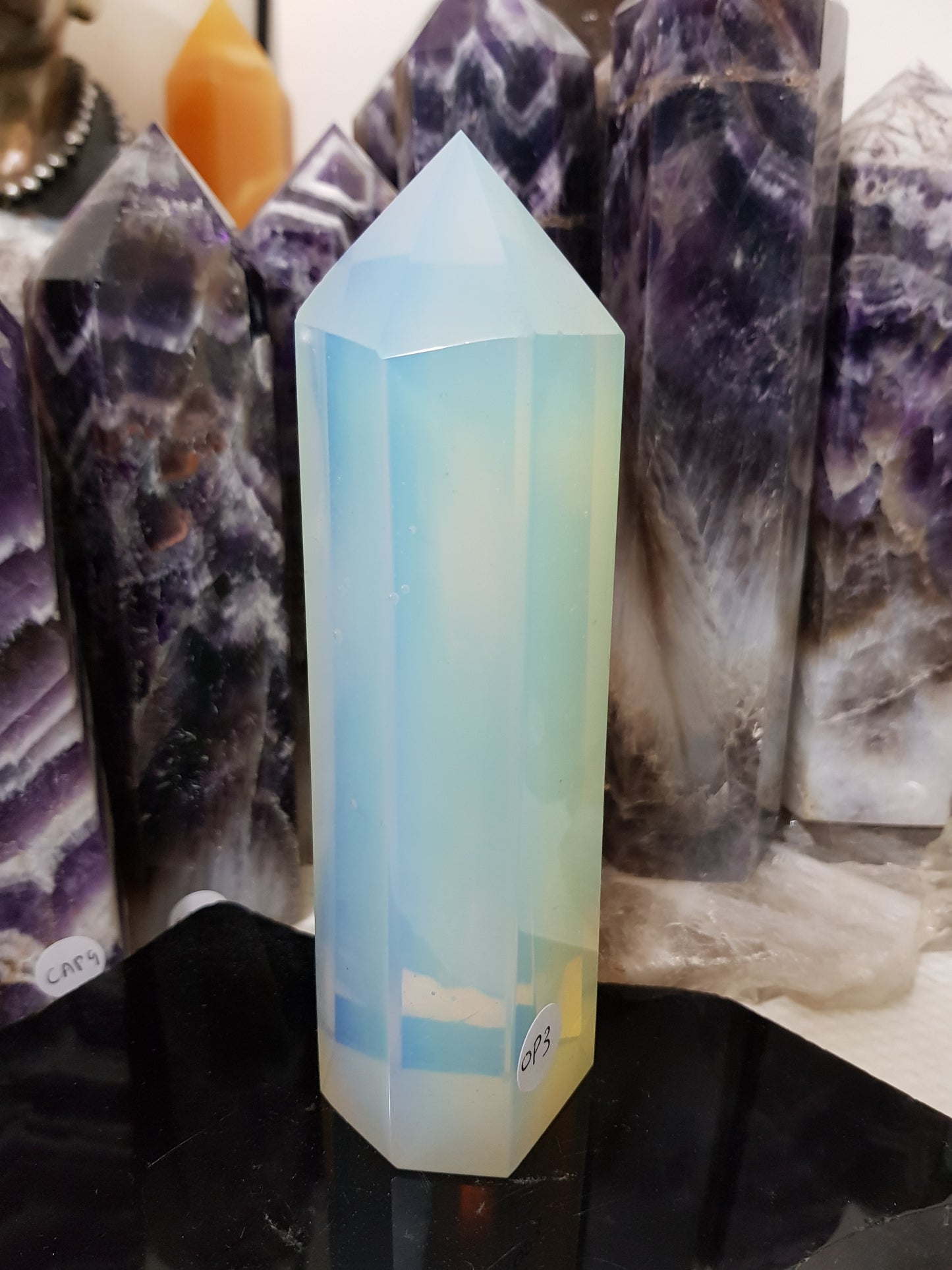 Opalite crystal point tower polished milky blue glow 15.5cm