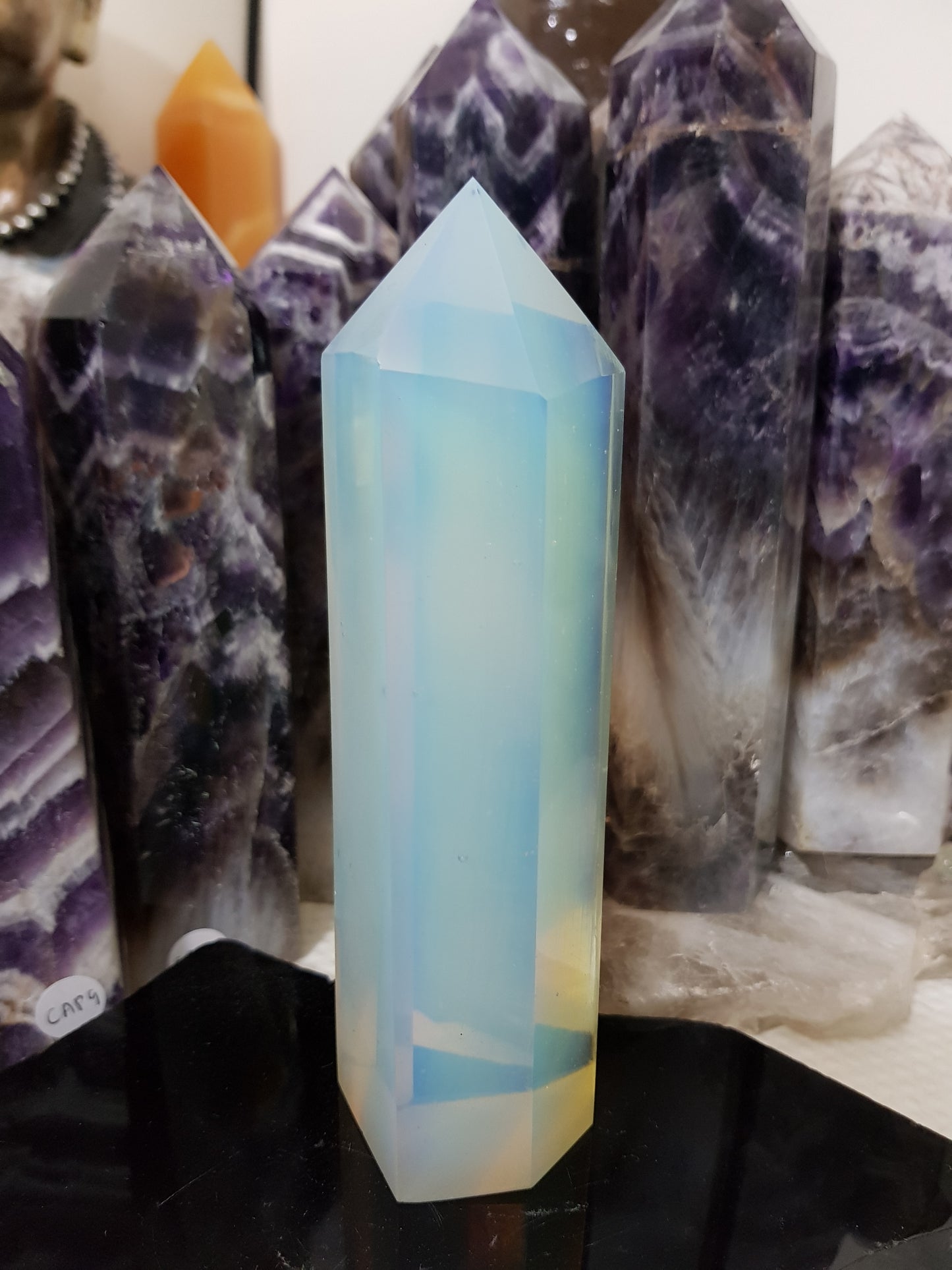 Opalite crystal point tower polished milky blue glow 15.5cm