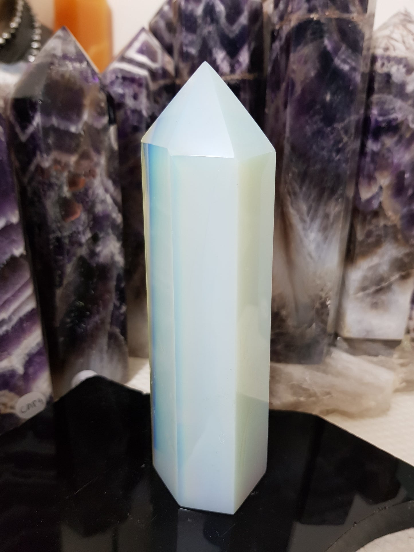 Opalite crystal point tower polished milky blue glow 15cm