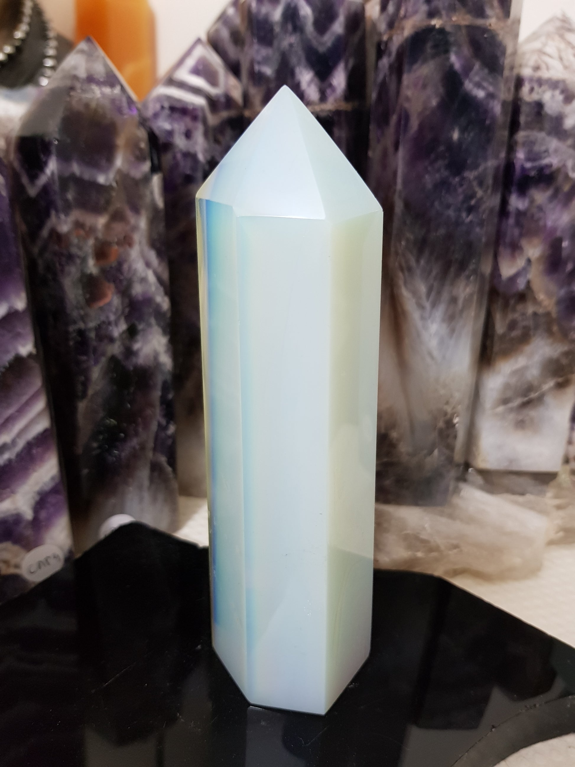 Opalite crystal point tower polished milky blue glow 15cm