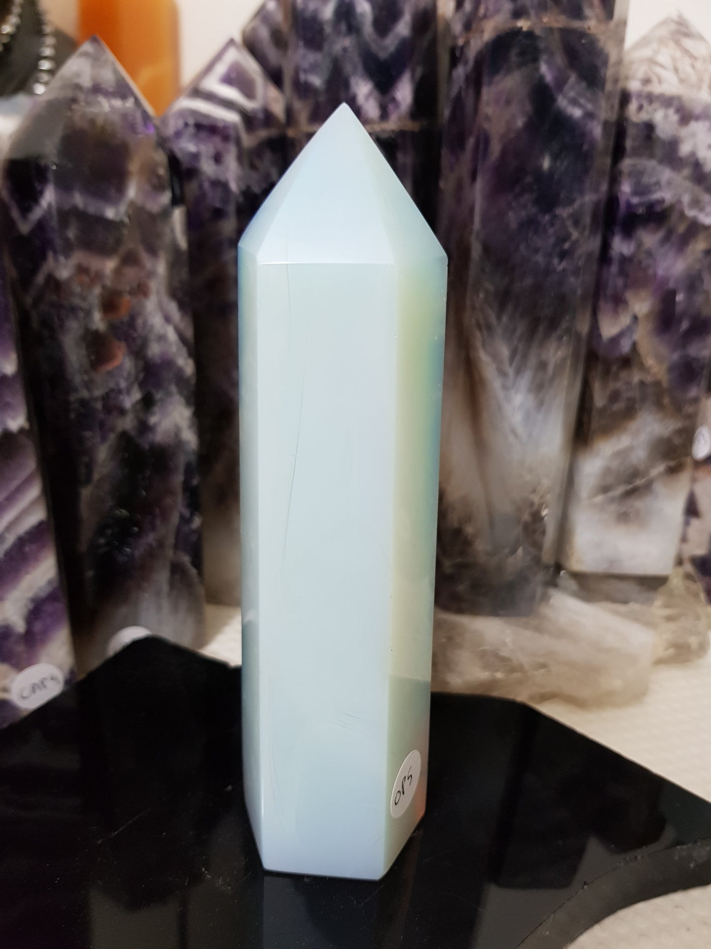 Opalite crystal point tower polished milky blue glow 15cm