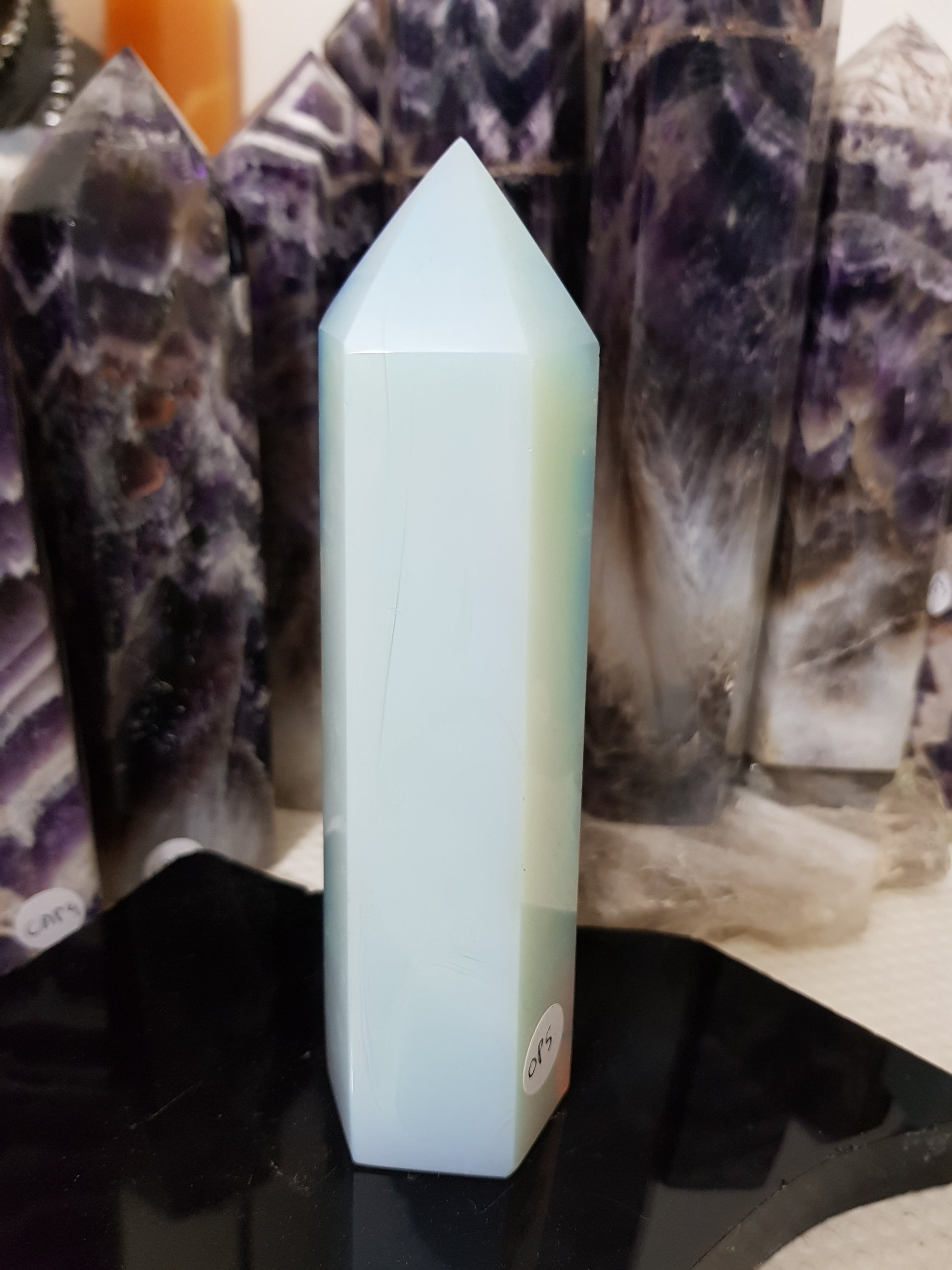 Opalite crystal point tower polished milky blue glow 15cm
