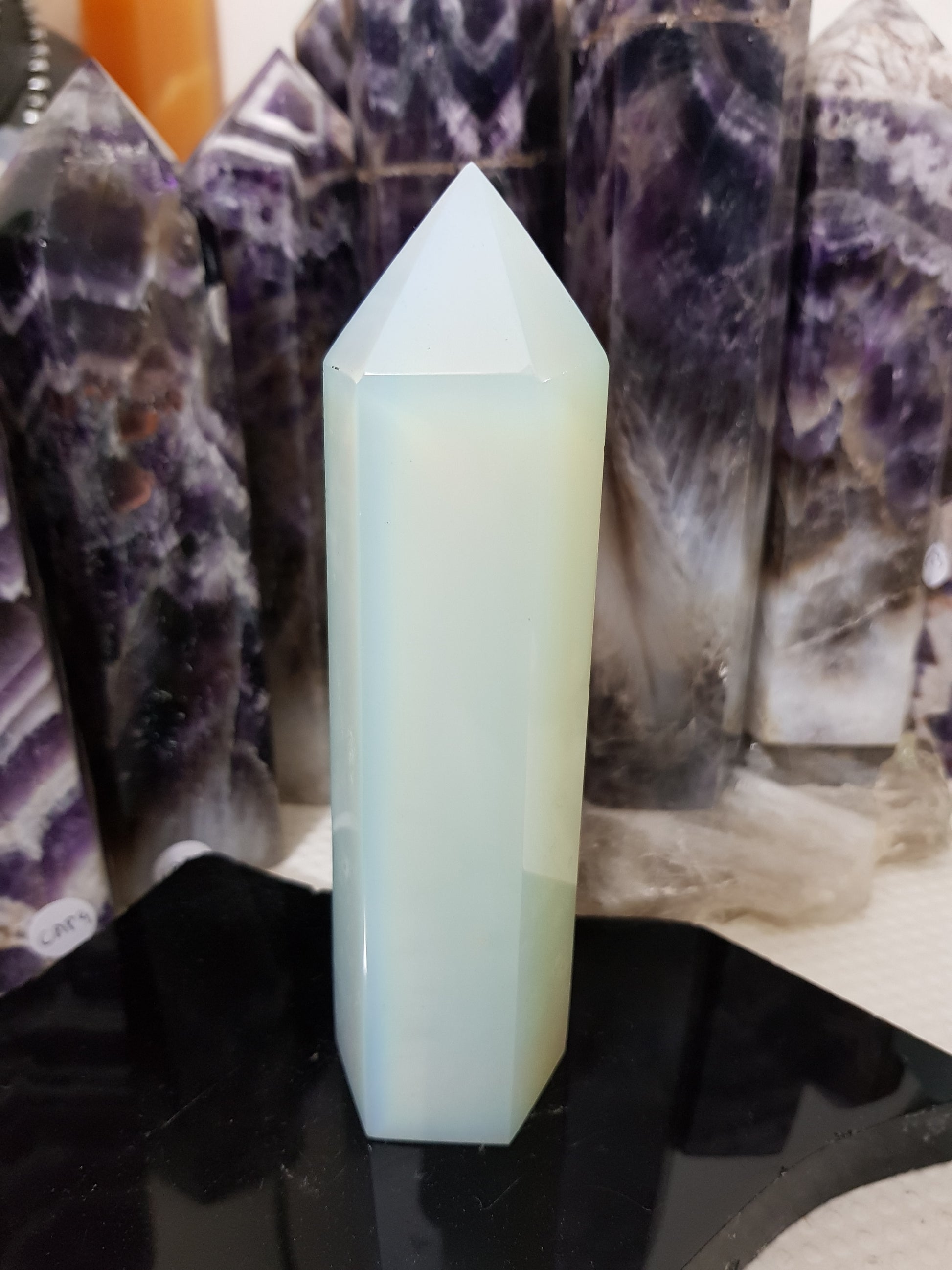 Opalite crystal point tower polished milky blue glow 15cm