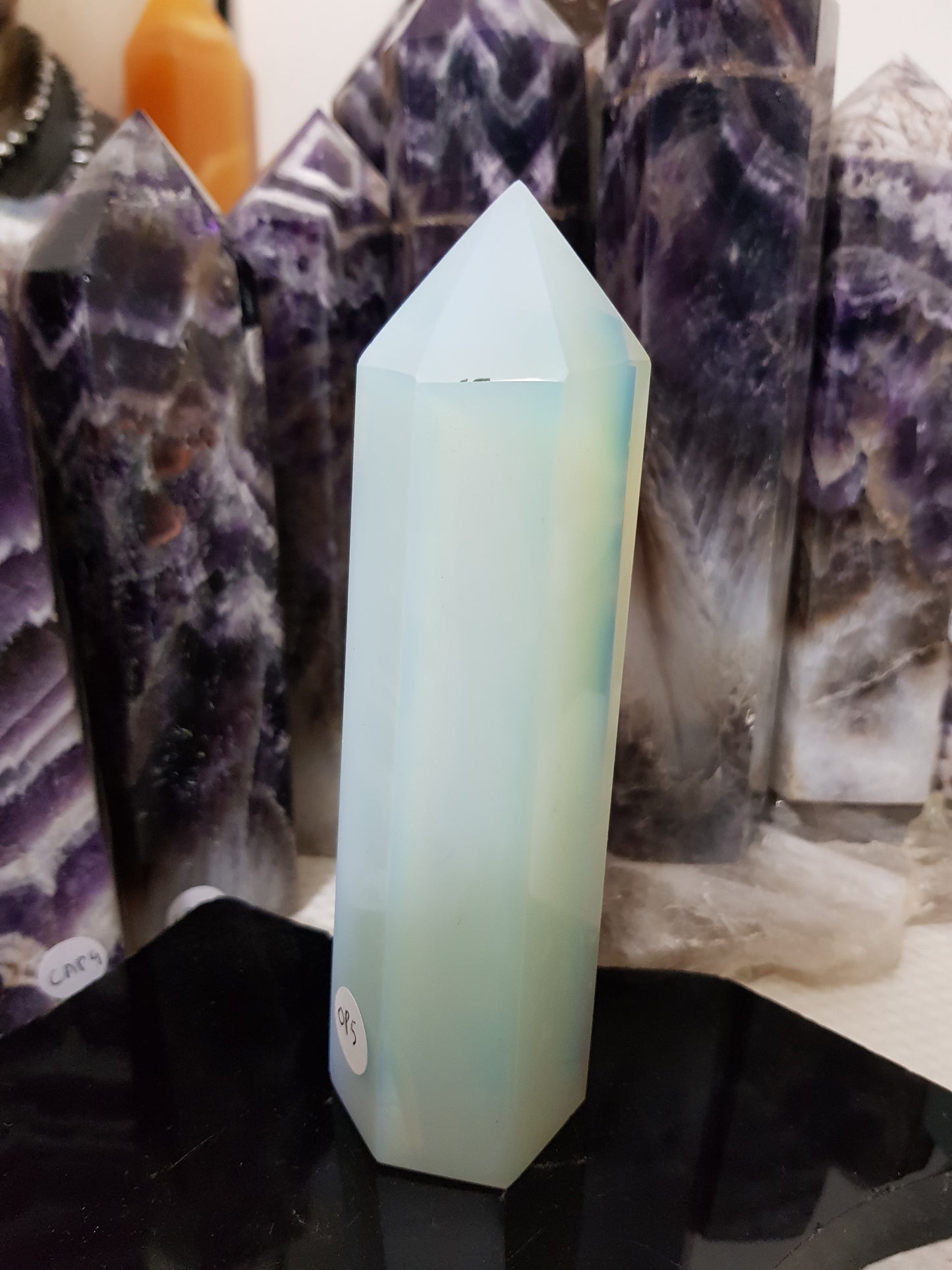 Opalite crystal point tower polished milky blue glow 15cm