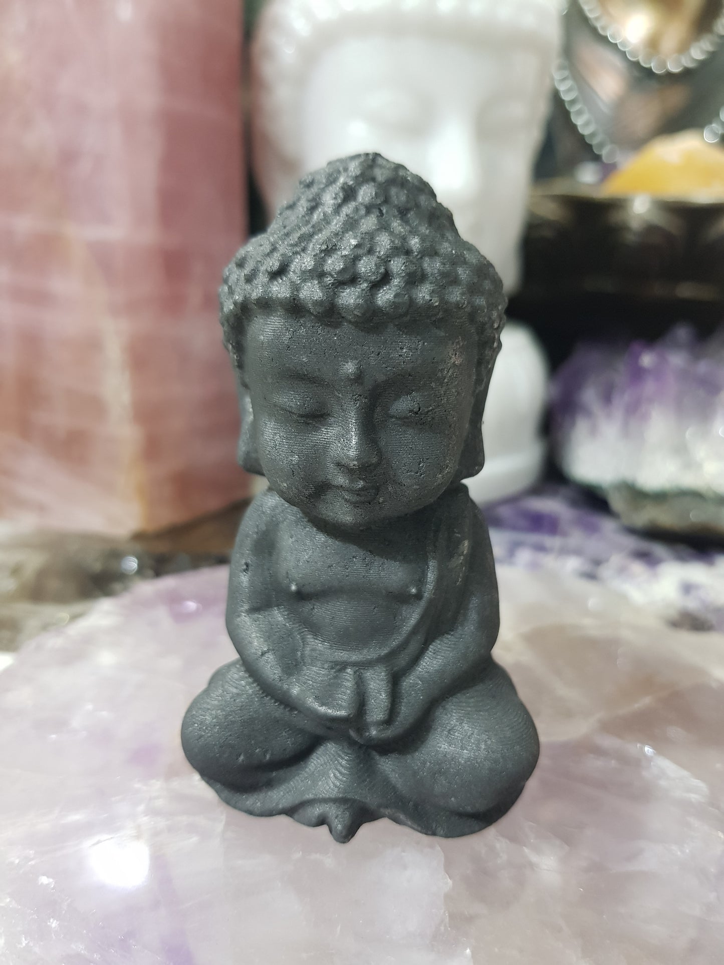 Polished Shungite crystal buddha carving matte black 8cm