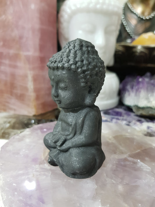 Polished Shungite crystal buddha carving matte black 8cm